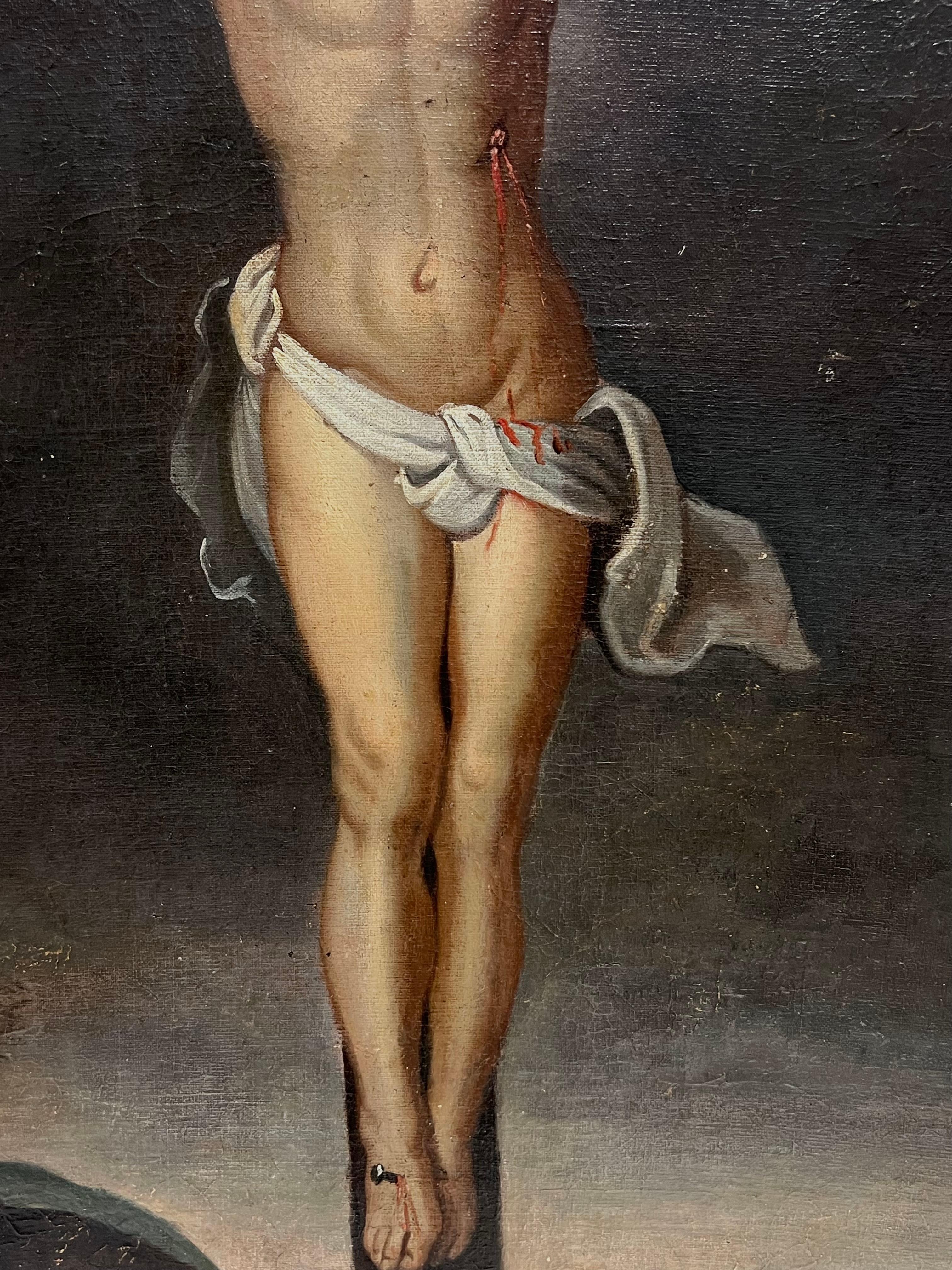 Large 18th Century Flemish Old Master Oil Painting Christ on the Cross Crucifix For Sale 2