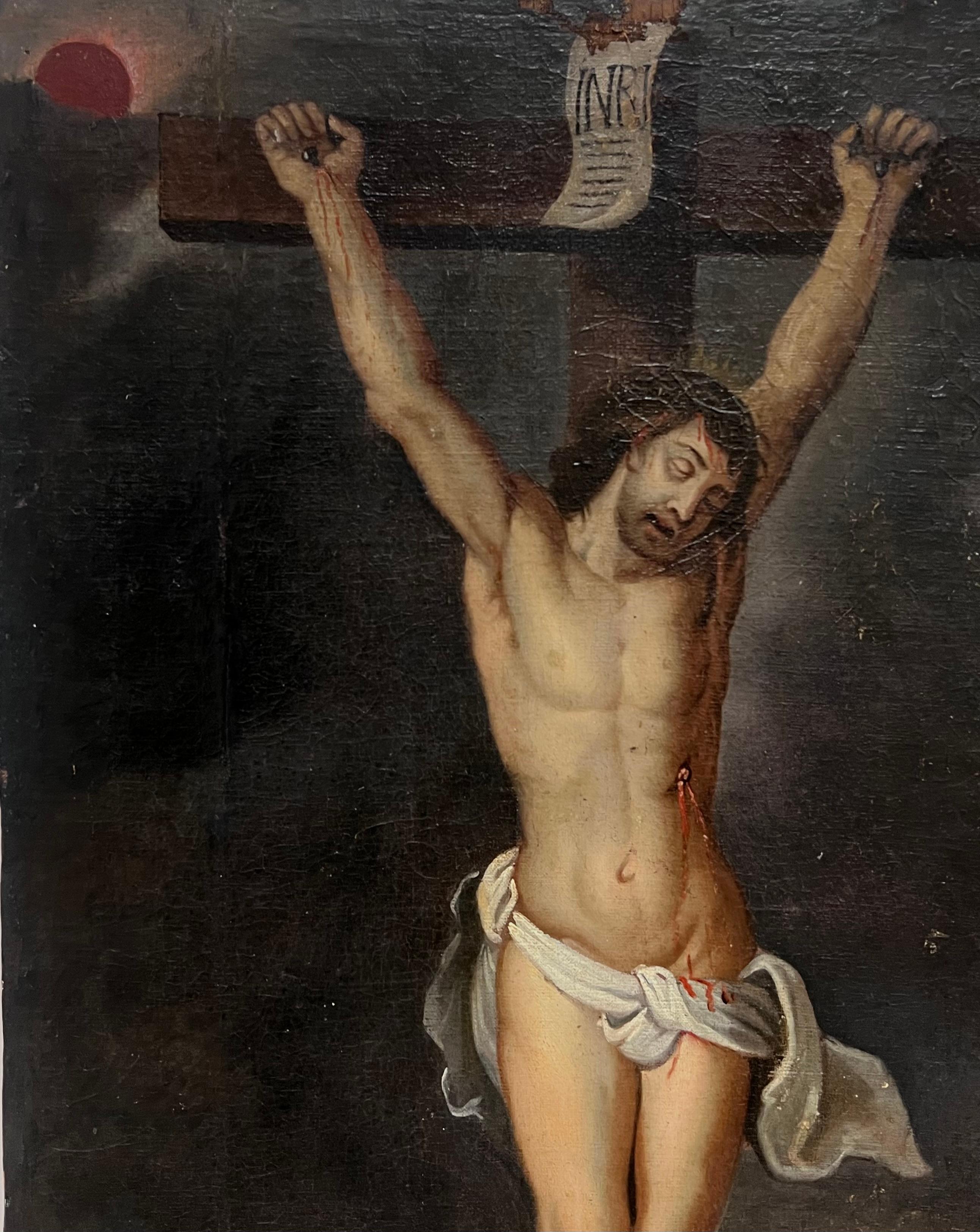 Large 18th Century Flemish Old Master Oil Painting Christ on the Cross Crucifix For Sale 6