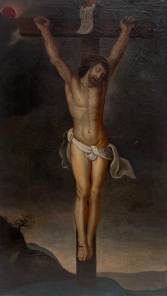 Large 18th Century Flemish Old Master Oil Painting Christ on the Cross Crucifix