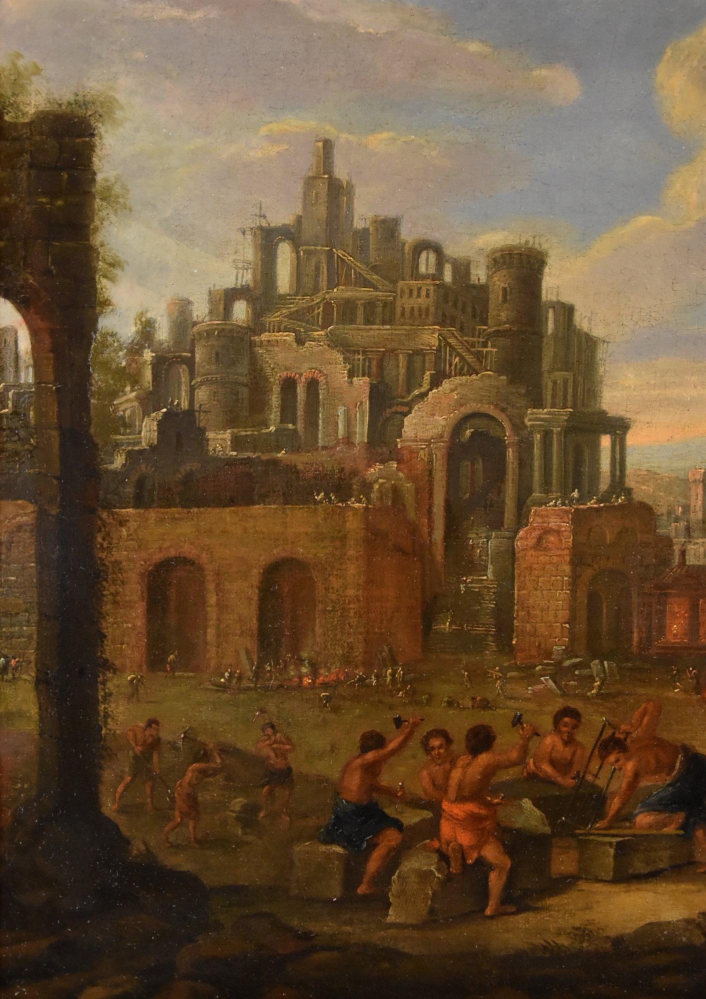 Flämischer Maler 17. bis 18. Jahrhundert
Bau des Turms zu Babel

Öl auf Leinwand

51 x 64 cm
Gerahmt 66 x 78 cm

Wenn es in der Kunst ein Thema gibt, das im Laufe der Jahrhunderte mehrfach in einer immer neuen und originellen Vision aufgegriffen