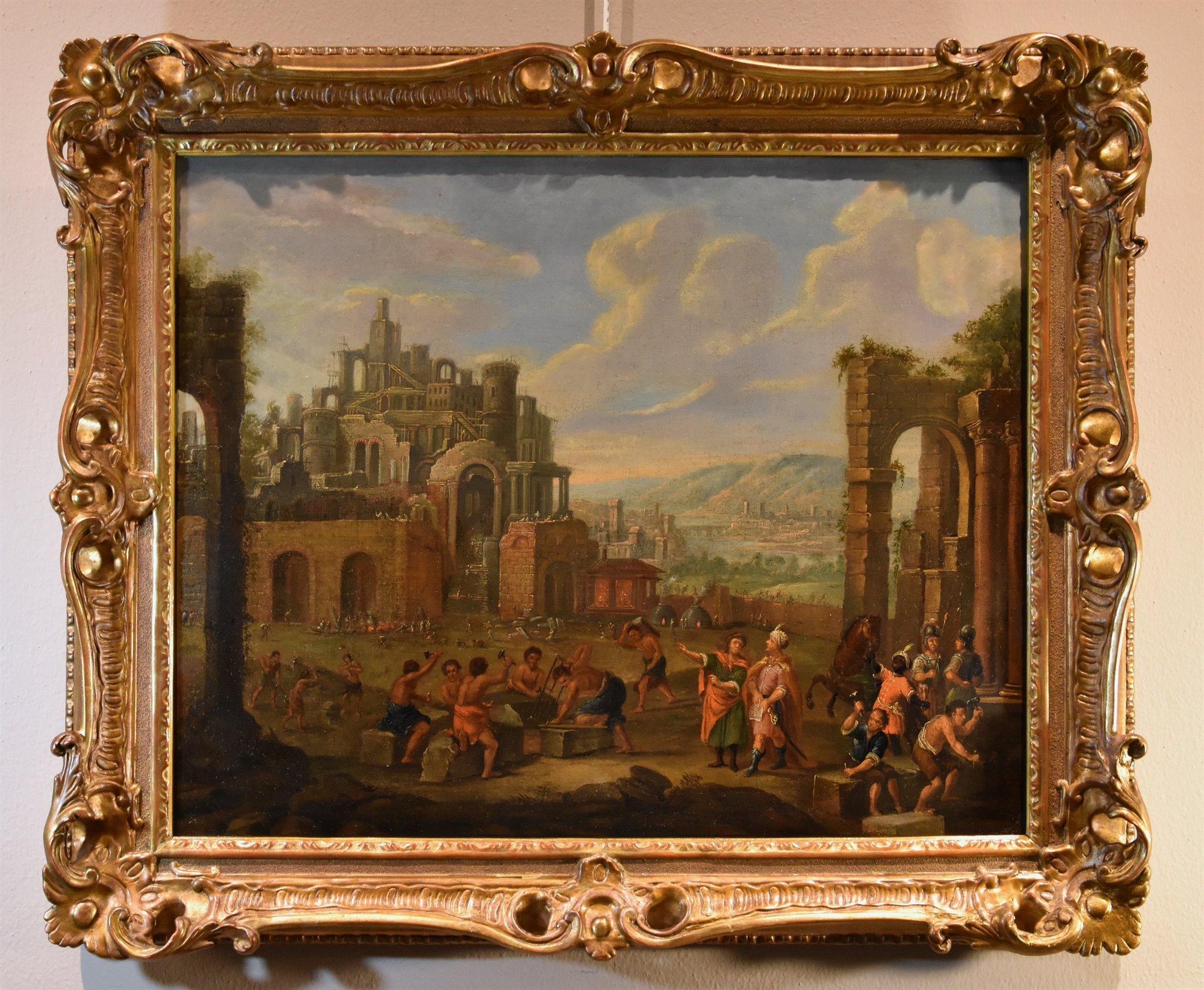 Turm von Babel Flämische Schule 17/18. Jahrhundert Gemälde Öl auf Leinwand Alter Meister – Painting von Flemish Painter 17th-18th Century
