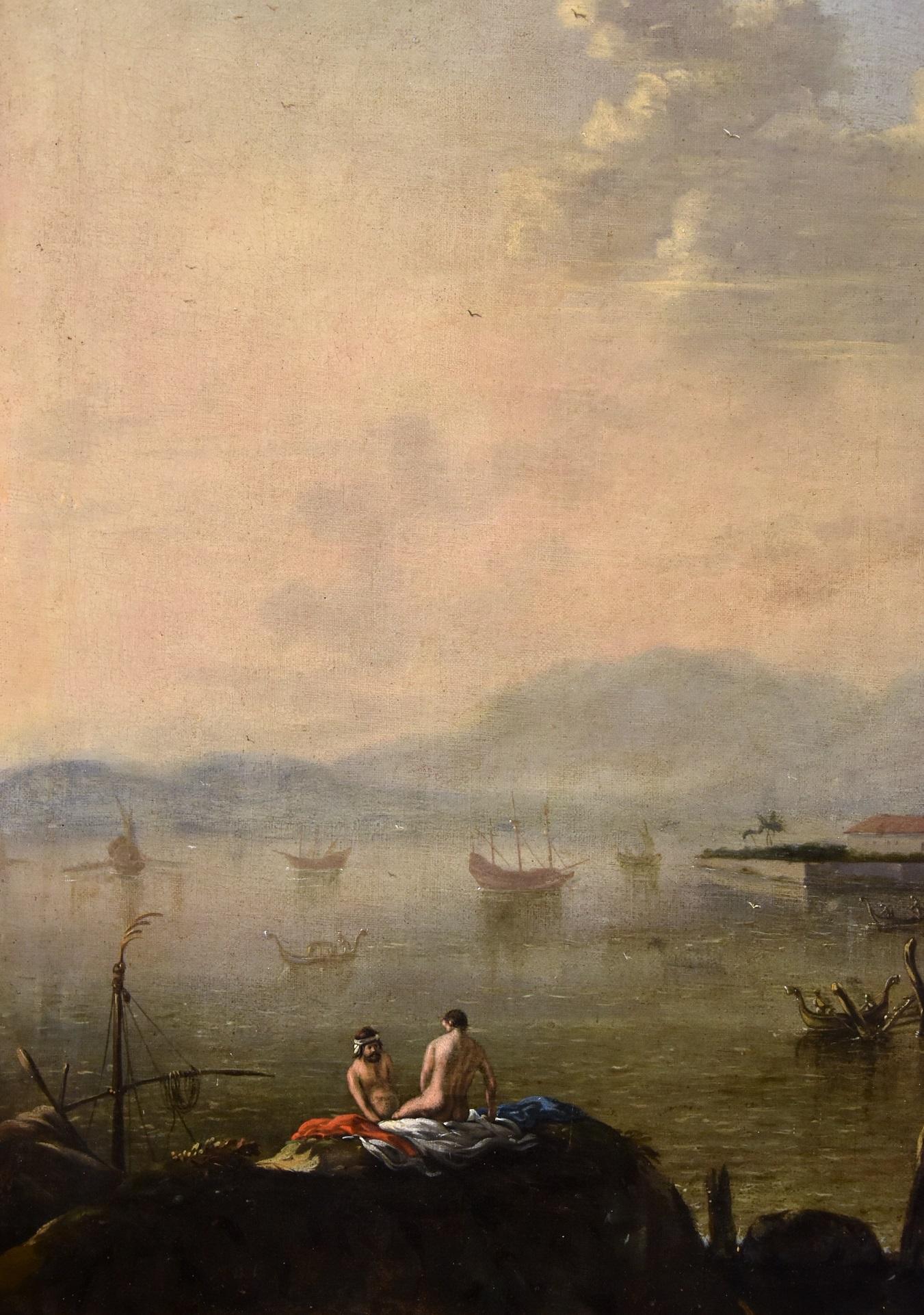 Flämischer Maler, der im achtzehnten Jahrhundert in Italien tätig war
Küstenlandschaft des Mittelmeeres mit Architekturen und Figuren
Ölgemälde auf Leinwand (69 x 88 cm., im Rahmen 80 x 100 cm.)

Die vorgeschlagene Ansicht zeigt eine Küstenansicht