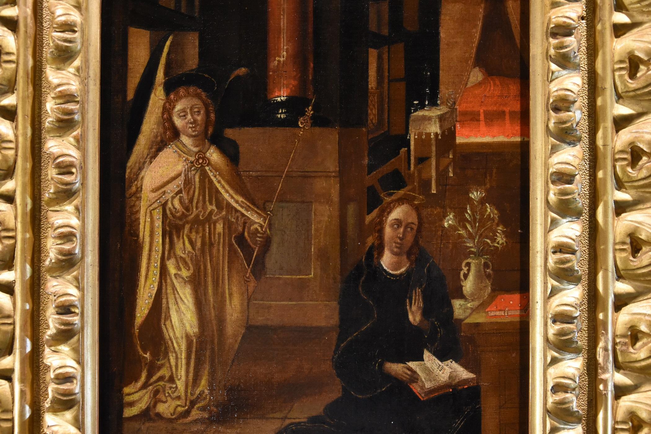 Flemish painter of the 16th-17th century
The Annunciation

Oil on canvas 844 x 33 cm./ in frame 63 x 52 cm.)

The work presents itself with a canonical iconographic and stylistic scheme, with the Archangel Gabriel devoutly delivering the supreme