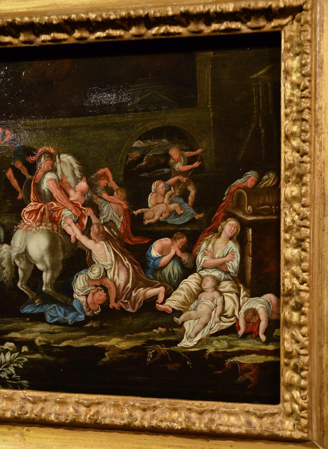 Flemish painter of the 17th century
The massacre of the innocents

oil on the table
cm. 39 x 50, In frame cm. 57 x 68

This fascinating 17th century work on wood, which still retains all the vigor typical of the 17th century mannerist style,, stages