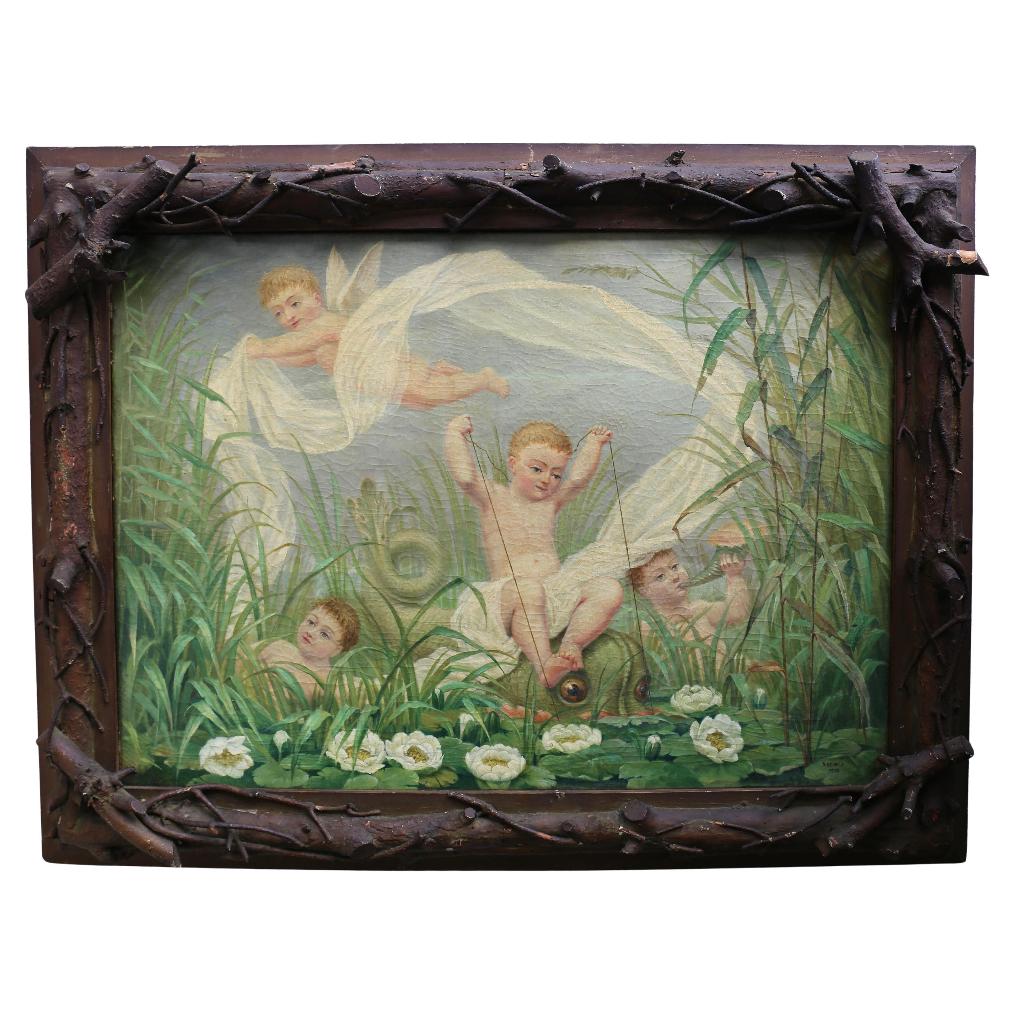 Gemälde von Playful Putti in einem natürlichen Rahmen

Ein einzigartiges Gemälde aus dem Jahr 1910 von A. Gevels. Begium

Dieses bezaubernde Gemälde des belgischen Künstlers A. Gevels aus dem Jahr 1910 zeigt vier verspielte Putten in einer