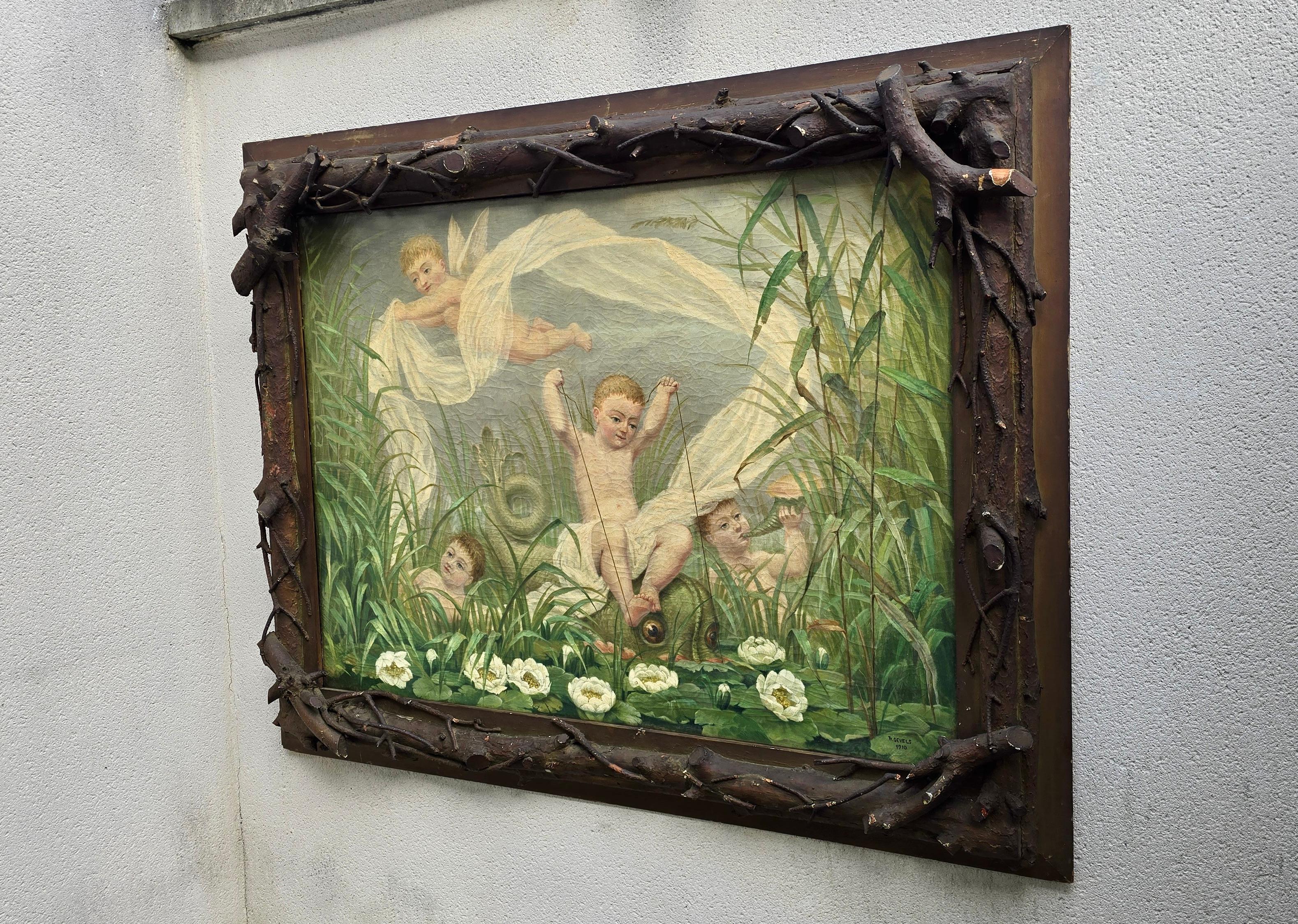 Flemish Painting von Playful Putti Angels in einem natürlichen Rahmen (Barock) im Angebot