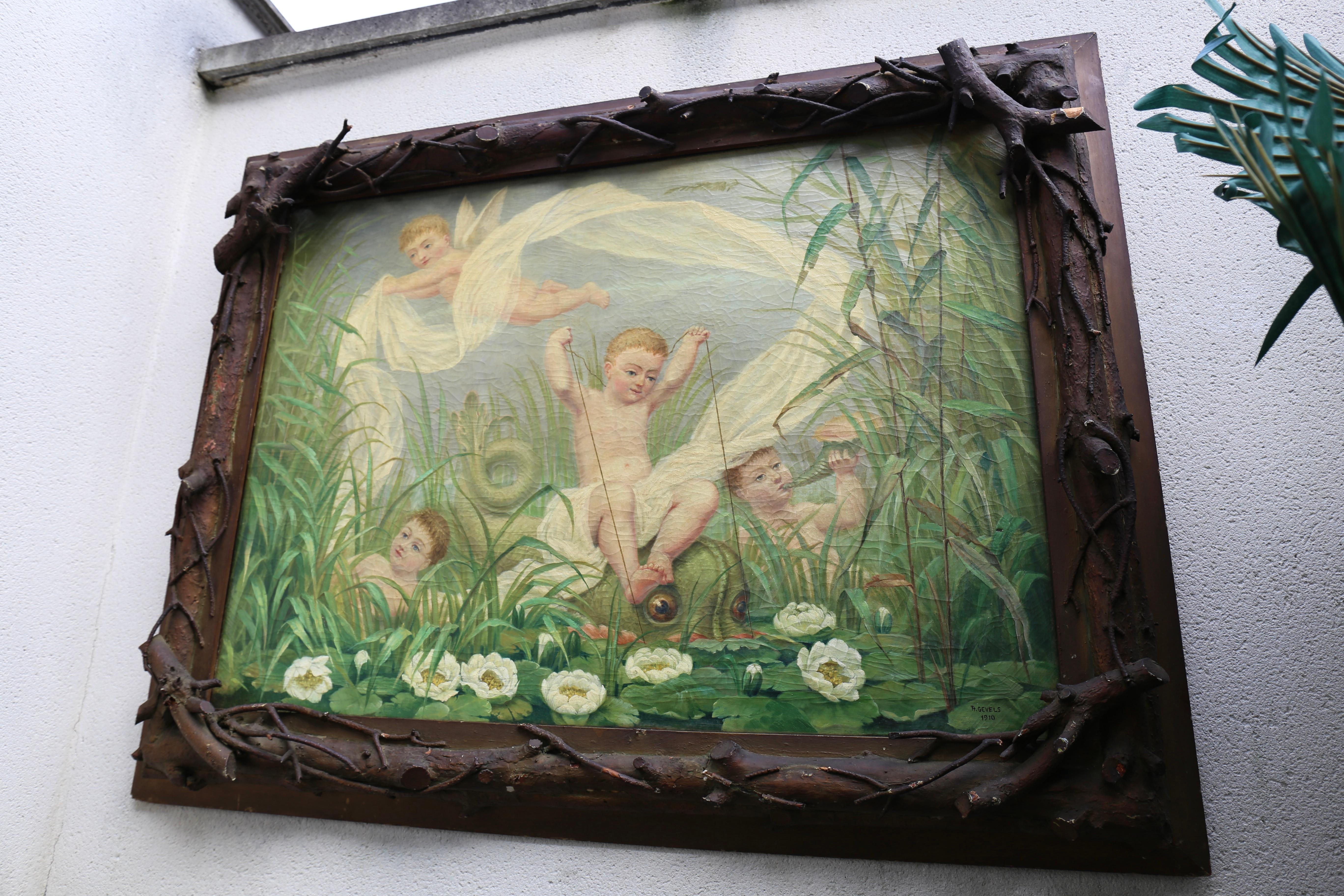 Flemish Painting von Playful Putti Angels in einem natürlichen Rahmen (Belgisch) im Angebot