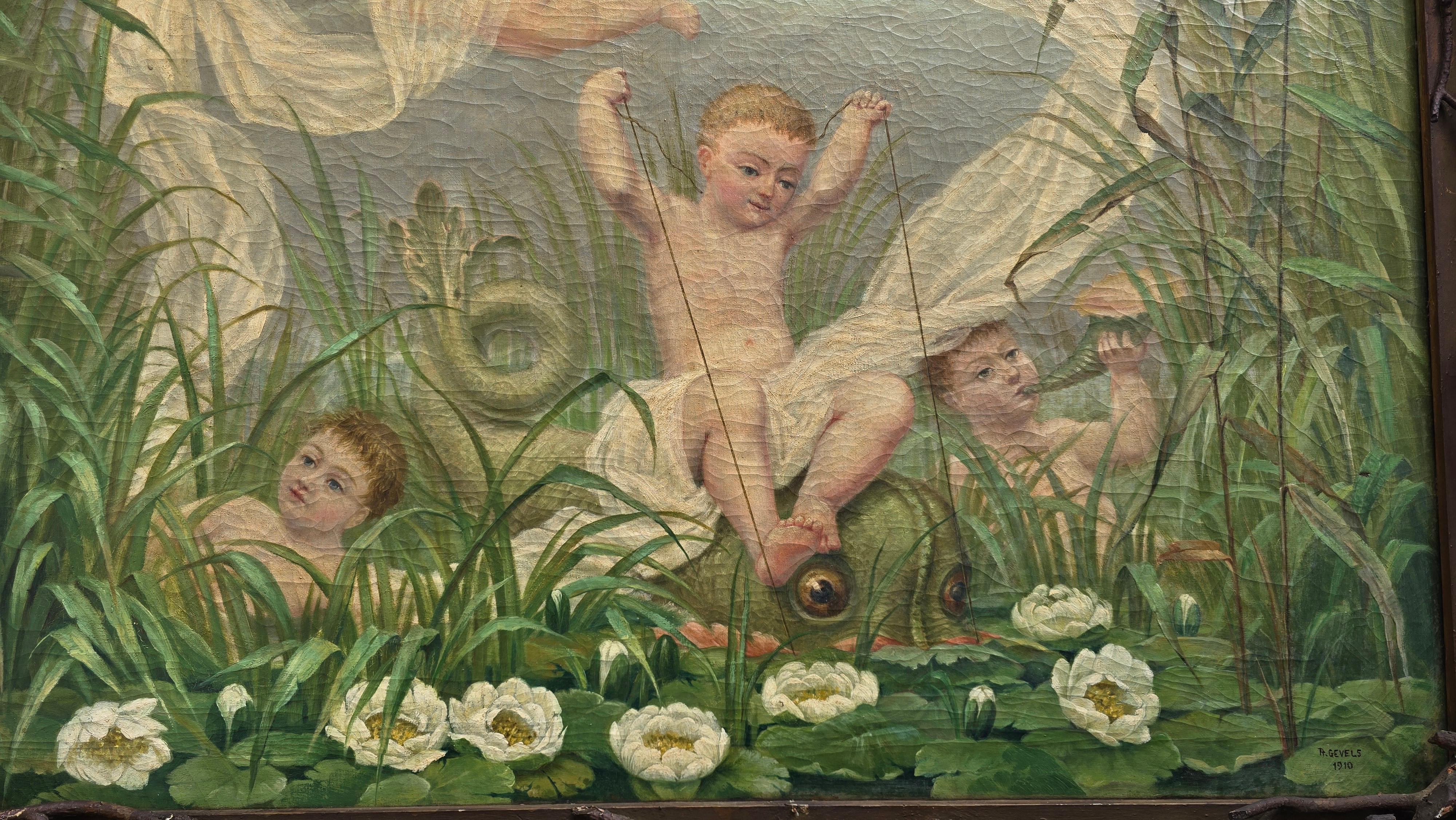 Flemish Painting von Playful Putti Angels in einem natürlichen Rahmen (Handbemalt) im Angebot