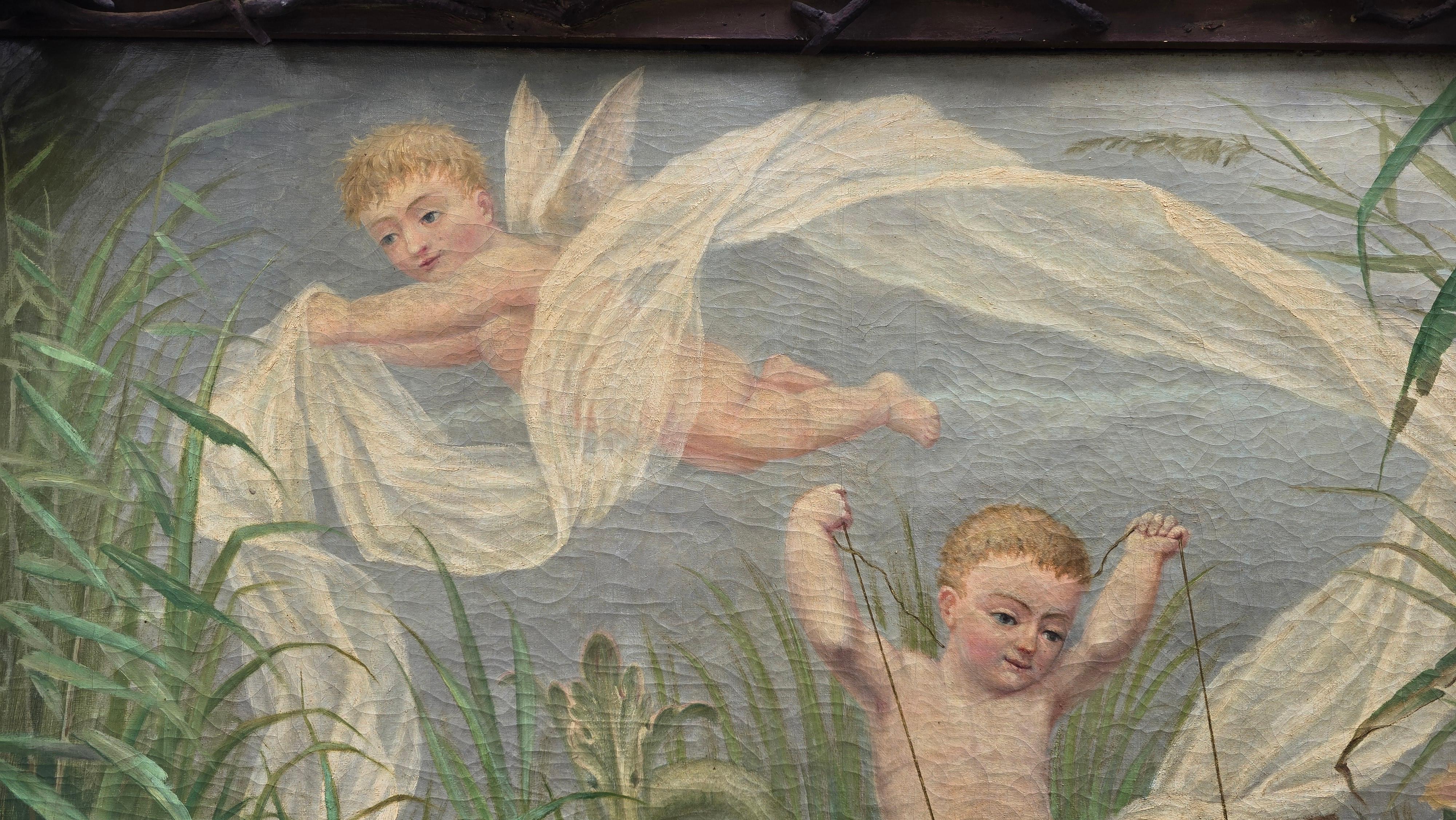 Flemish Painting von Playful Putti Angels in einem natürlichen Rahmen (Frühes 20. Jahrhundert) im Angebot