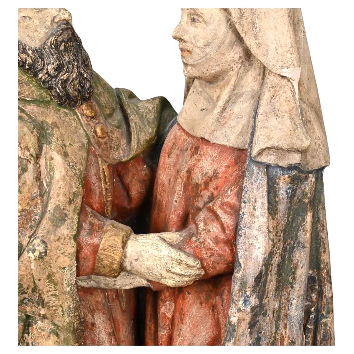 Escultura flamenca policromada del Encuentro de San Joaquín y Santa Ana Gótico en venta