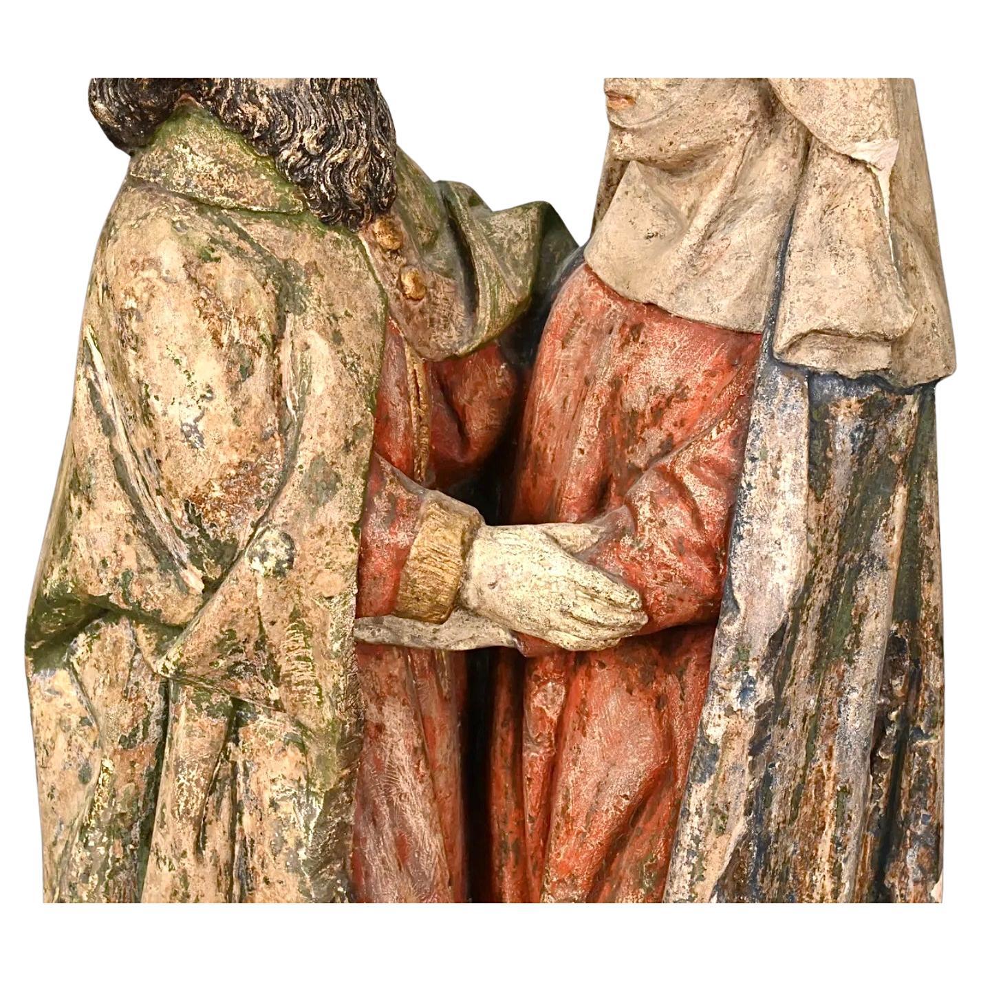 Escultura flamenca policromada del Encuentro de San Joaquín y Santa Ana Belga en venta