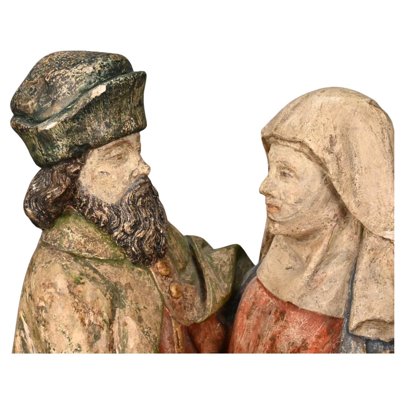 Escultura flamenca policromada del Encuentro de San Joaquín y Santa Ana en Bueno estado para la venta en Bradenton, FL