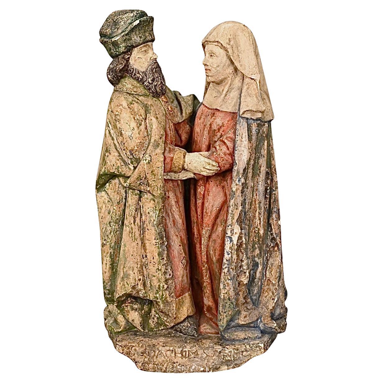 Escultura flamenca policromada del Encuentro de San Joaquín y Santa Ana siglo XIX en venta
