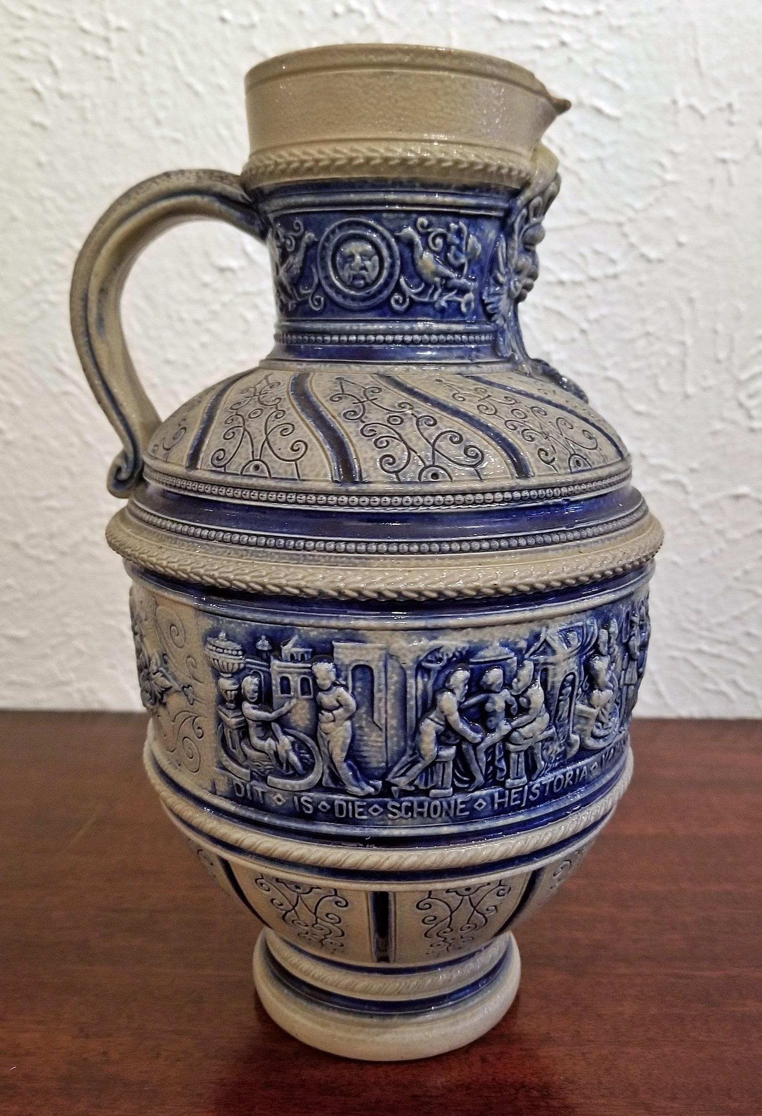 Flemish Salt Glazed Pottery Beer Ewer ft Story of Susanna 1584  For Sale 6