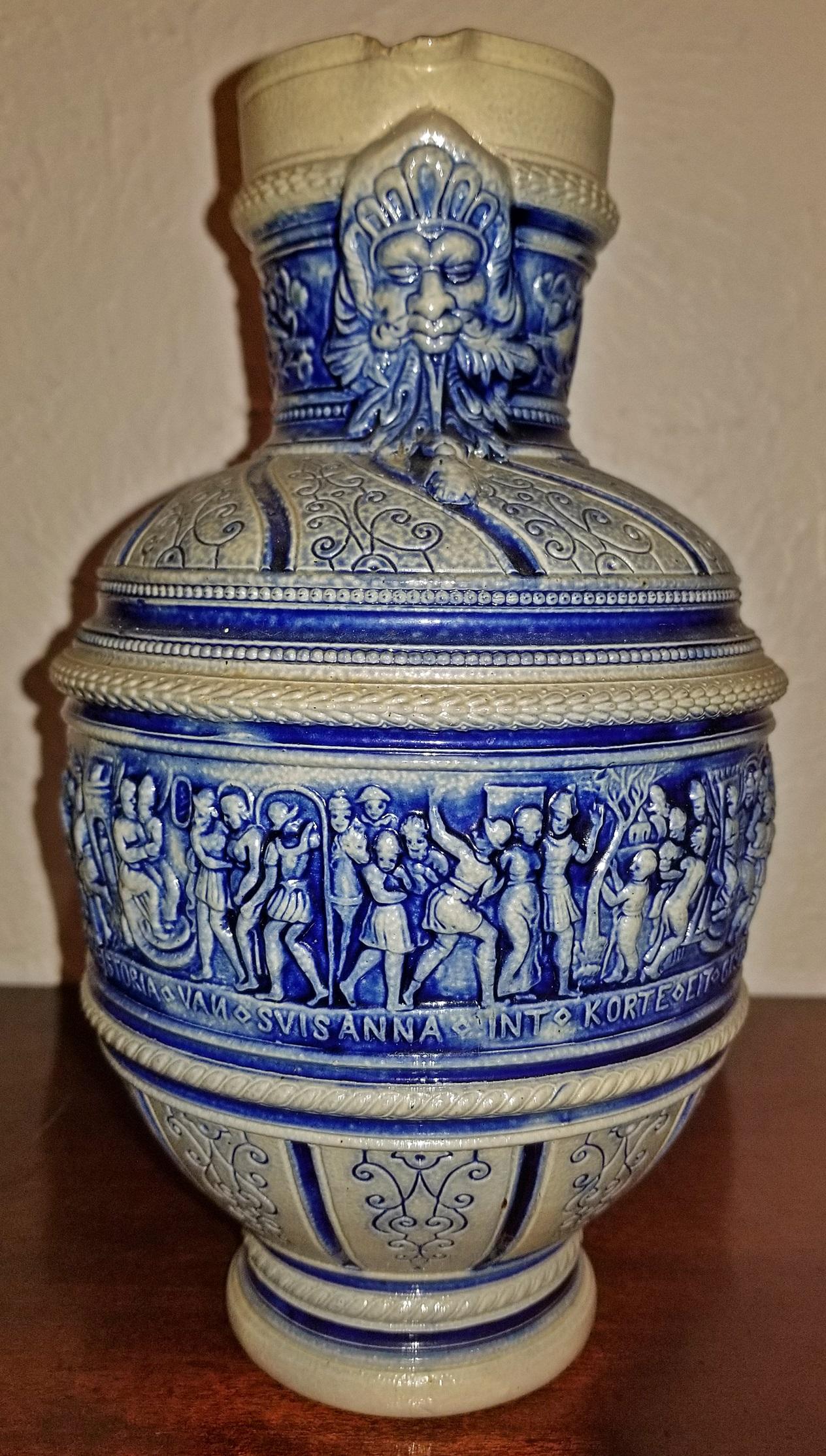 Very rare flemish pottery beer jug or stein…..depicting the Story of Susanna and dated 1584.

The original jug has been attributed to Engel Kran…..a well-known and highly regarded German/Flemish potter.

Kran pieces are very very rare and only a