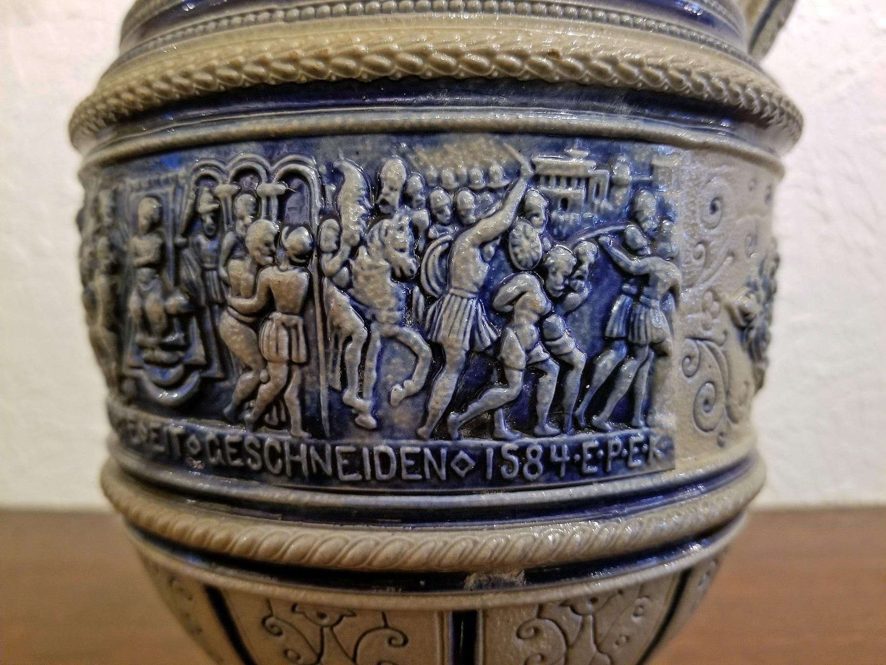 Renaissance Flemish Salt Glazed Pottery Beer Ewer ft Story of Susanna 1584 For Sale