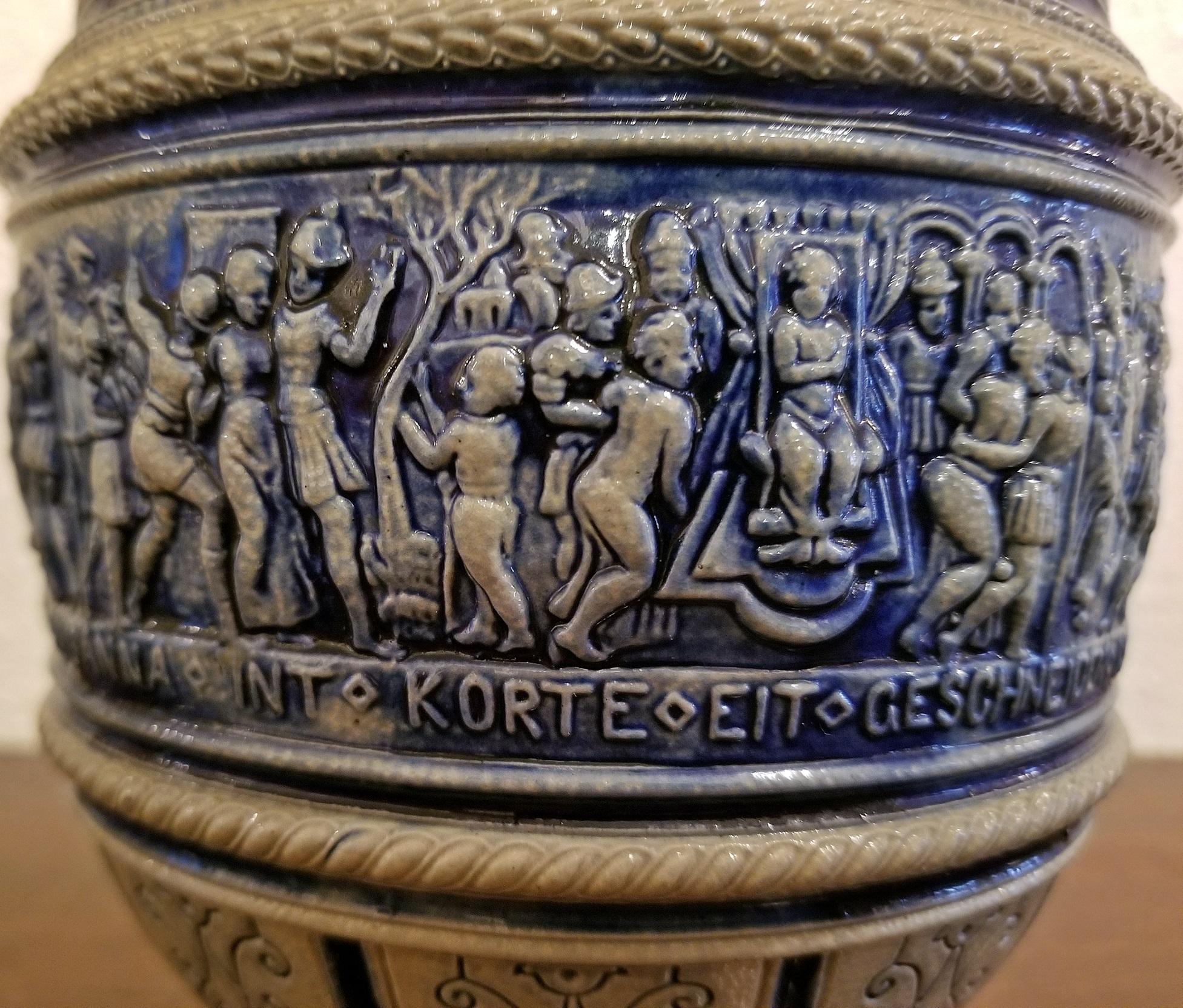 German Flemish Salt Glazed Pottery Beer Ewer ft Story of Susanna 1584  For Sale
