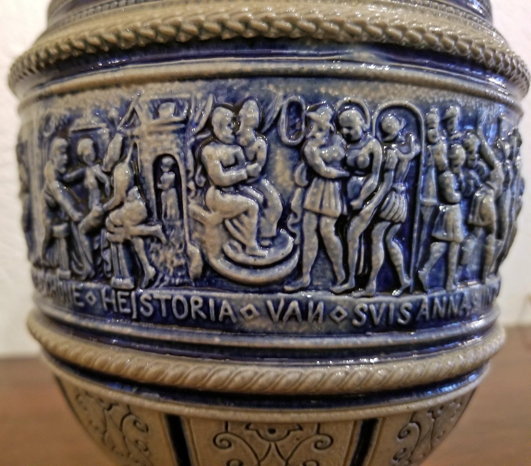 Flemish Salt Glazed Pottery Beer Ewer ft Story of Susanna 1584  In Fair Condition For Sale In Dallas, TX