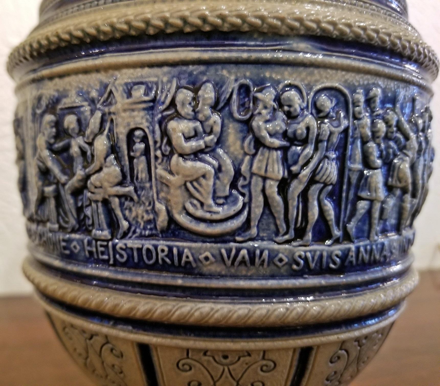 Flemish Salt Glazed Pottery Beer Ewer ft Story of Susanna 1584 In Fair Condition For Sale In Dallas, TX