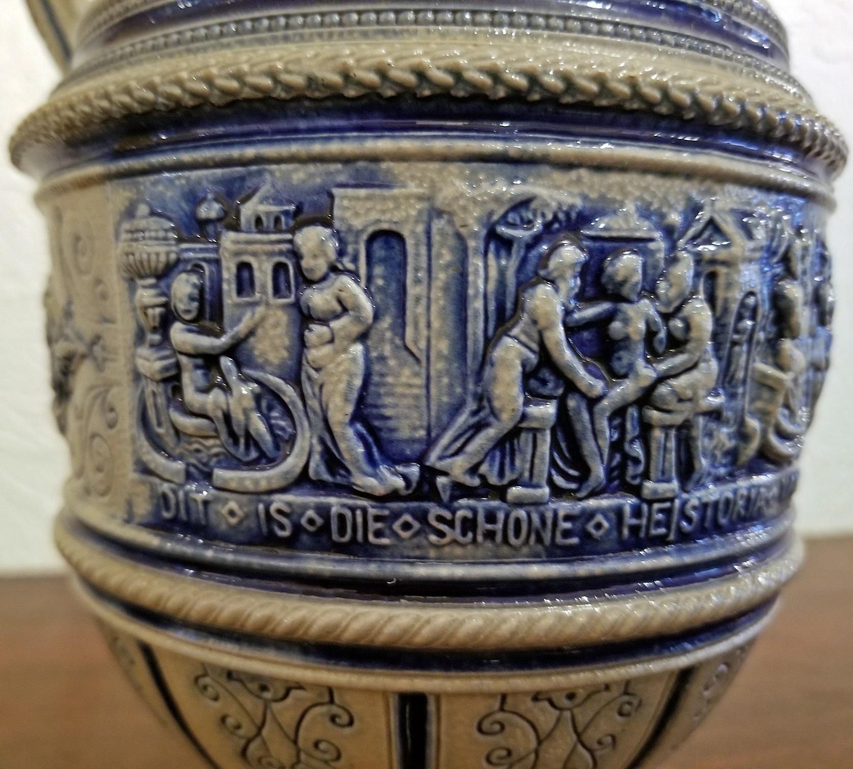 19th Century Flemish Salt Glazed Pottery Beer Ewer ft Story of Susanna 1584  For Sale