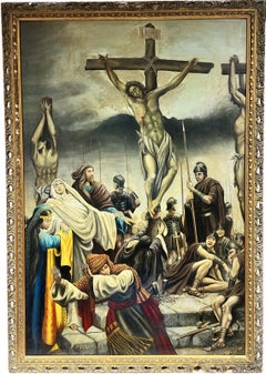 Crucifixion of Christ Huge Flemish Oil Painting in Gilt Frame