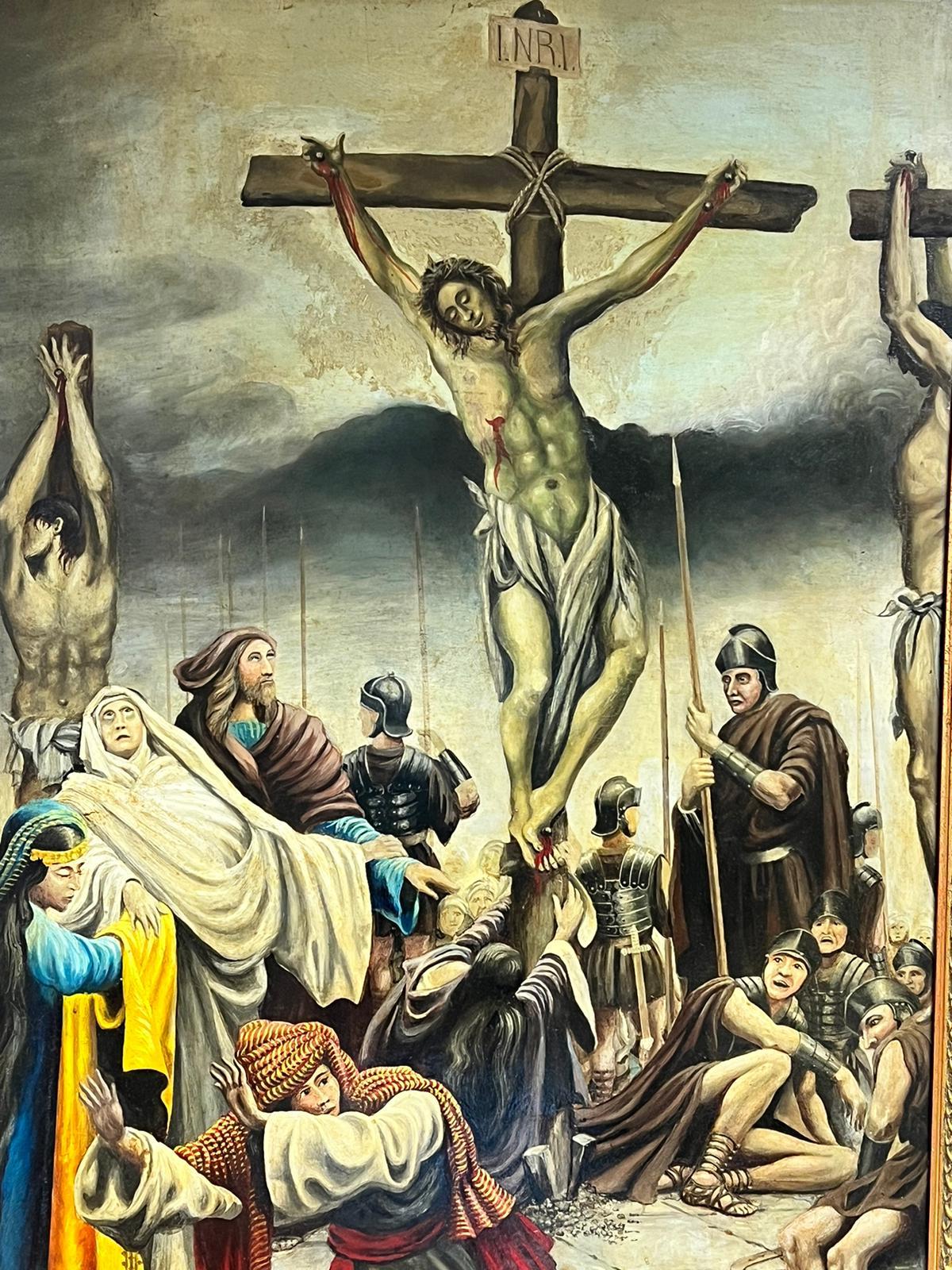 The Crucifixion
Flemish School, early 20th century
oil on board, framed
framed: 46 x 32 inches
board: 43 x 29 inches
provenance: UK collection
The painting is in good and presentable condition.
