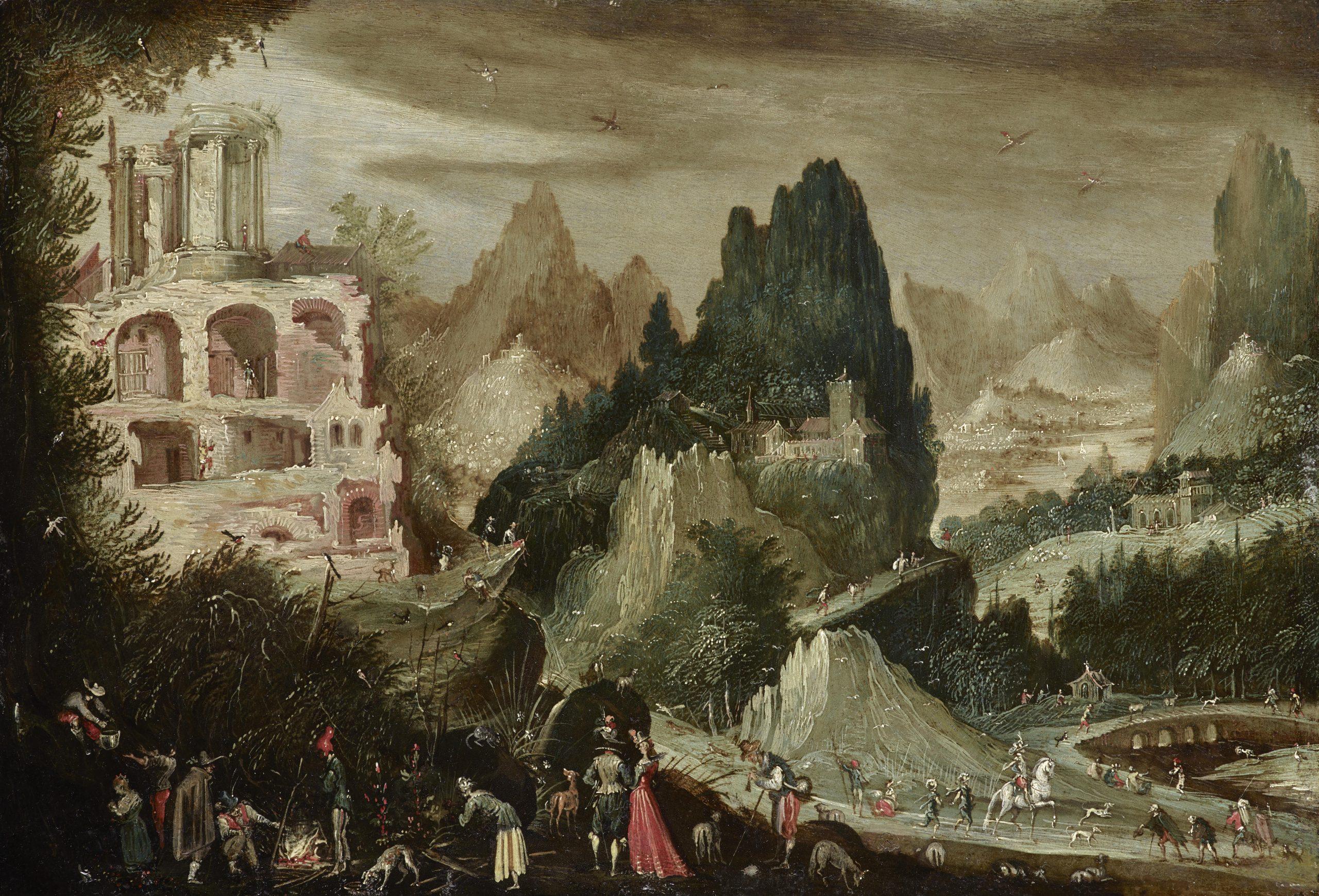 Flemish School, 17th Century Landscape Painting - Landscape with Ruins by the Tivoli Falls