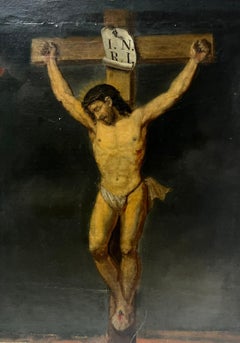 Antique Flemish Old Master Oil Painting Christ on the Cross The Crucifixion