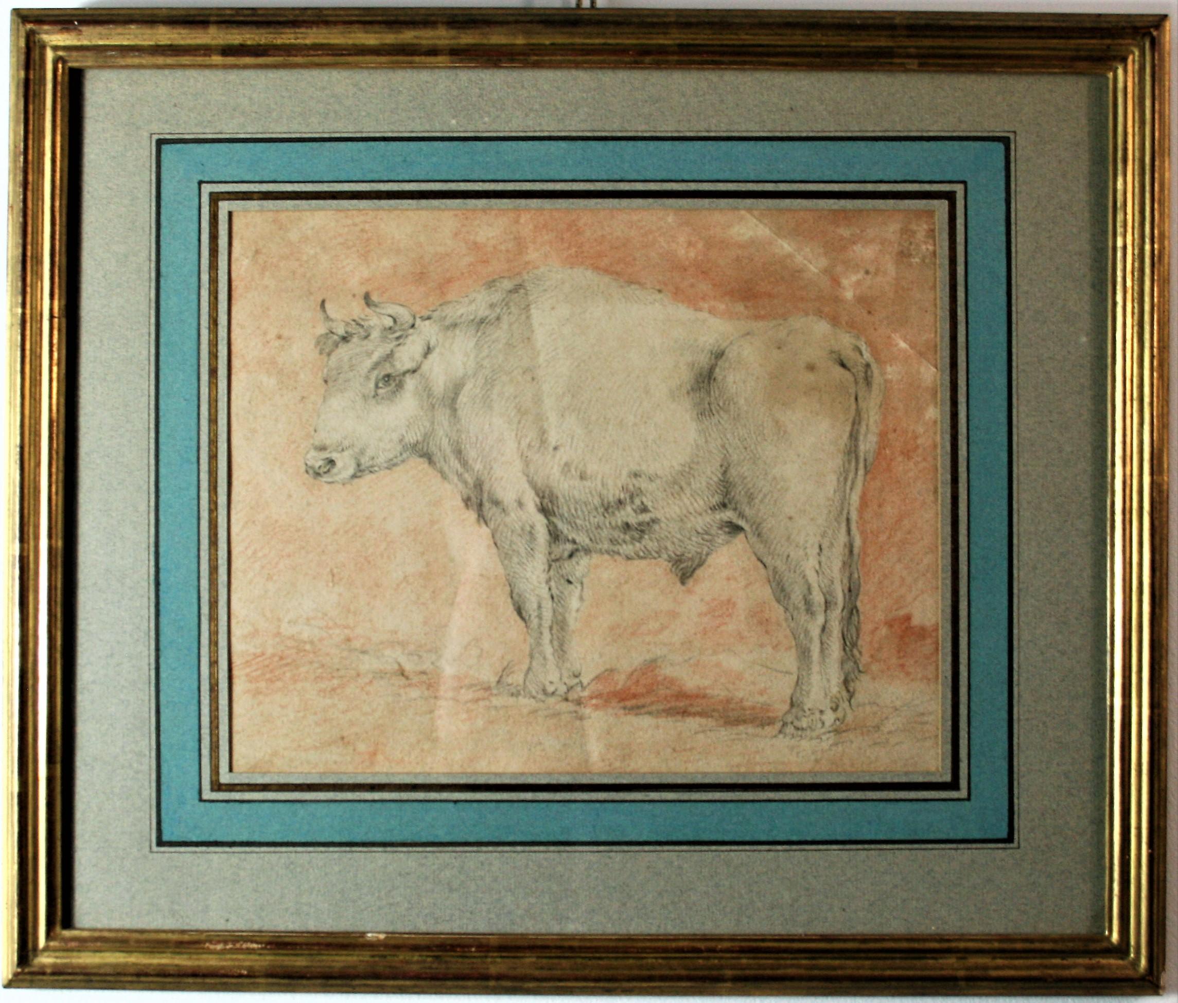 Flemish School, Circle of Paulus Potter Bull Drypoint and Red Chalk 17th Century In Good Condition For Sale In Beuzevillette, FR