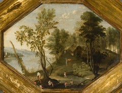 Late 16th or early 17th century by Flemish school, Riverscape, Oil on panel