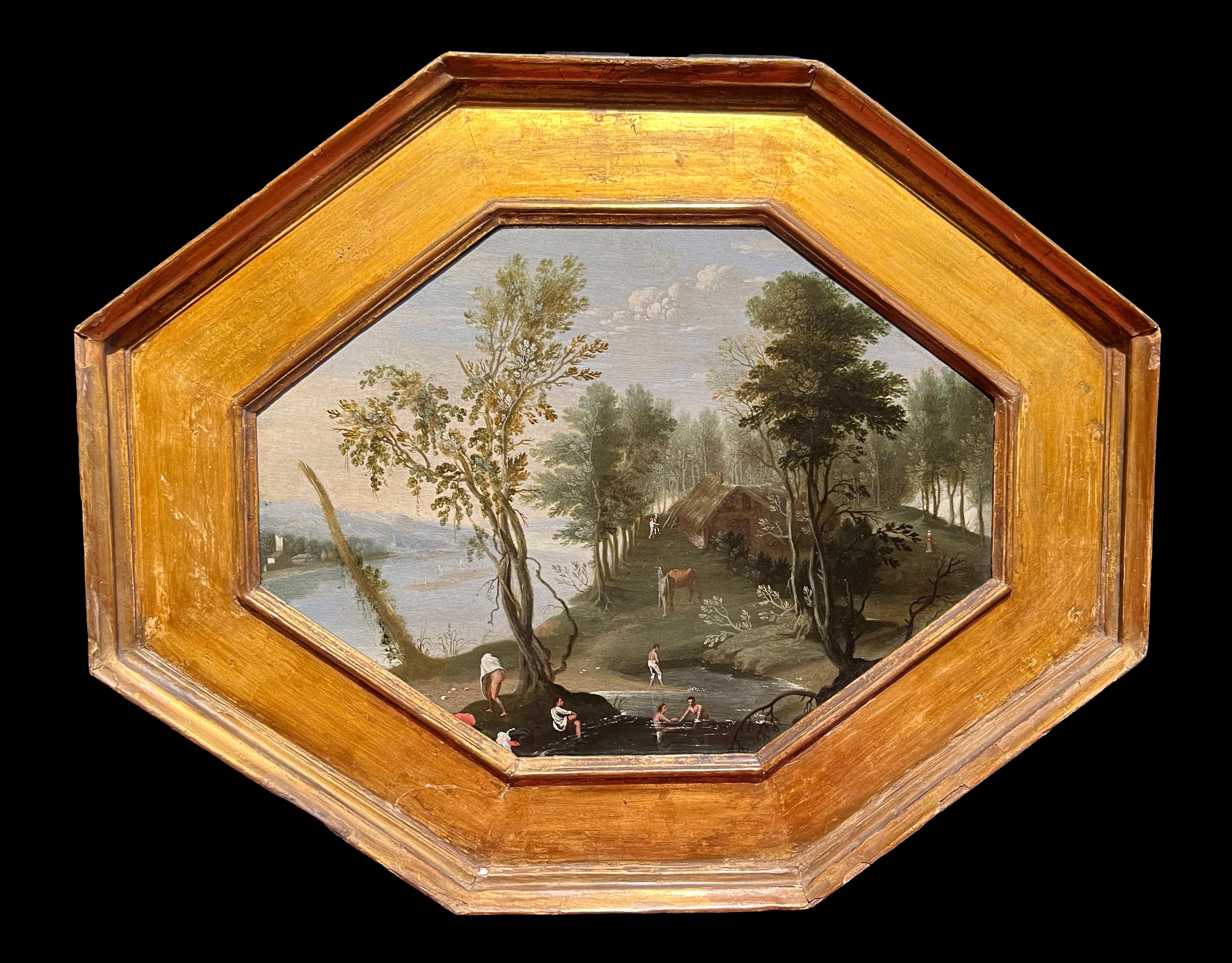 Late 16th or early 17th century by Flemish school, Riverscape, Oil on panel - Painting by Flemish school, late 16th/early 17th century 