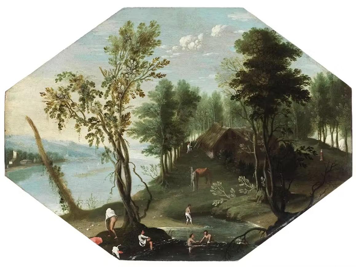 Late 16th or early 17th century by Flemish school, Riverscape, Oil on panel - Brown Landscape Painting by Flemish school, late 16th/early 17th century 
