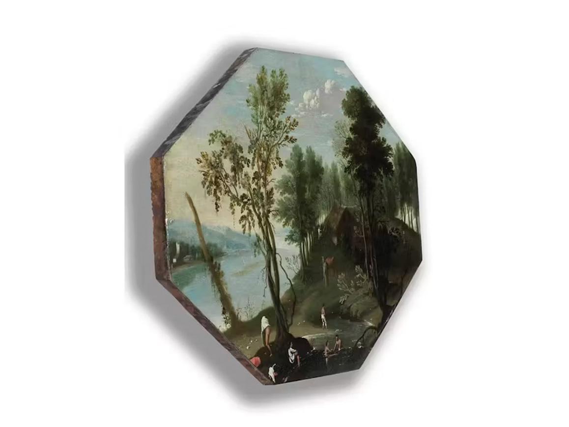 Flemish School, late 16th/early 17th century 
Title: Wide riverscape with bathing figures on the banks of a pond
Year: 1620 ca. 
Medium: Oil on panel, octagon frame
Dimensions: without frame 26 x 35 cm – with frame 39 x 48.7 x 4 cm

On a headland,