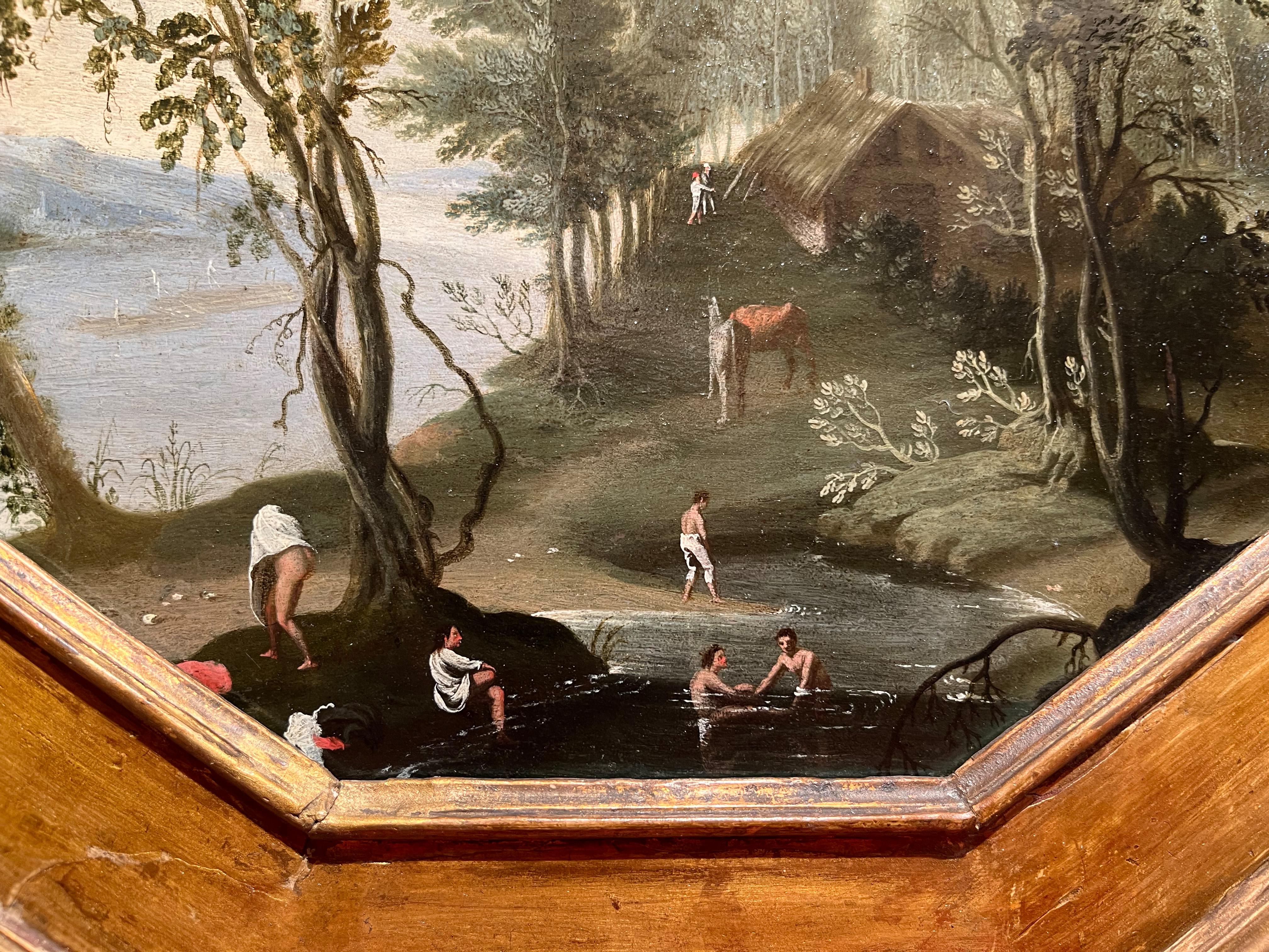 Late 16th or early 17th century by Flemish school, Riverscape, Oil on panel For Sale 1