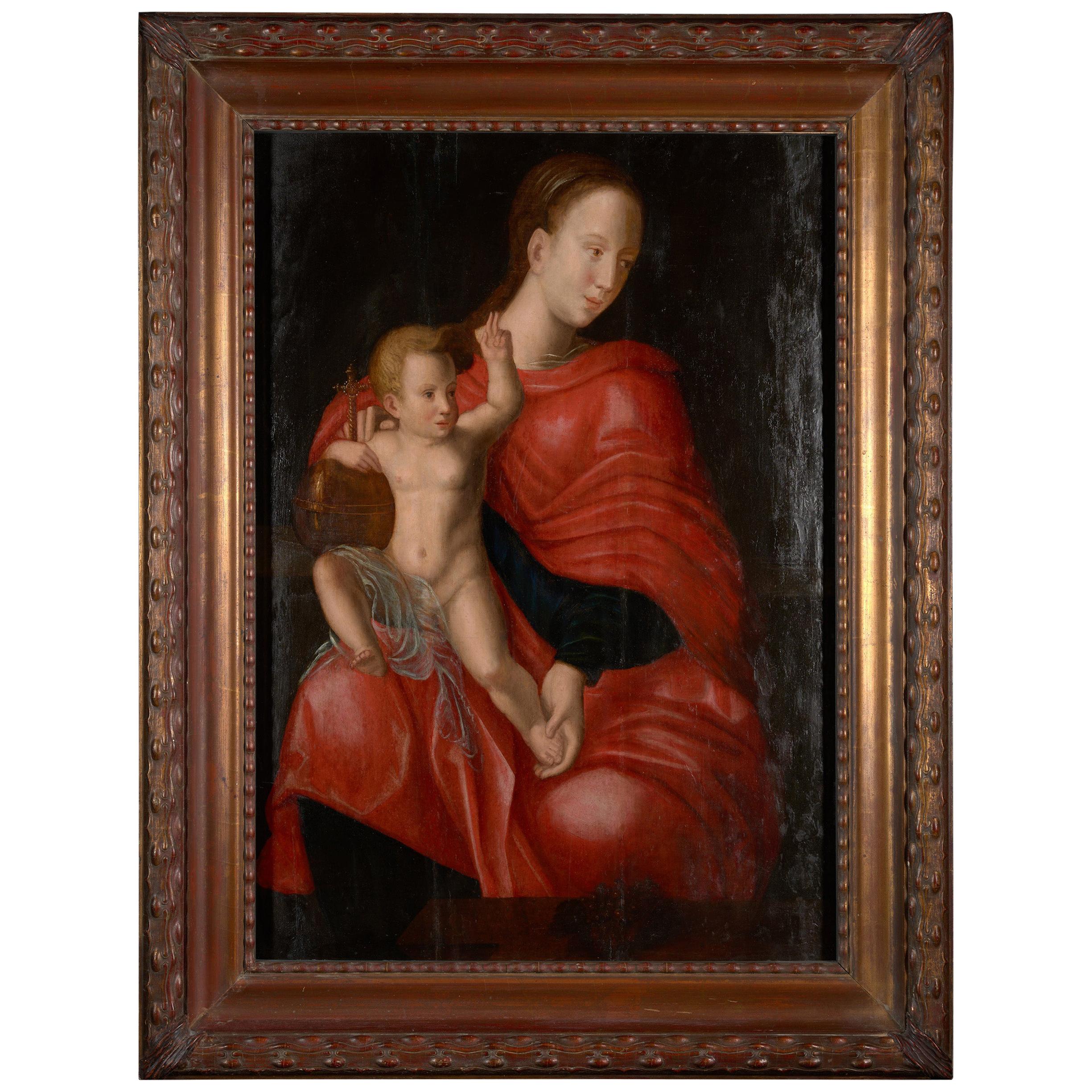 This lovely 17th century painting was made in the last part of the European Renaissance period, also known as the high renaissance, late 17th century. This scene depicts the Madonna with her Child. Mary is the center of the panel, wearing a scarlet