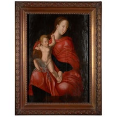 Flemish School, Painting of Madonna and Child, Oil on Panel, Framed