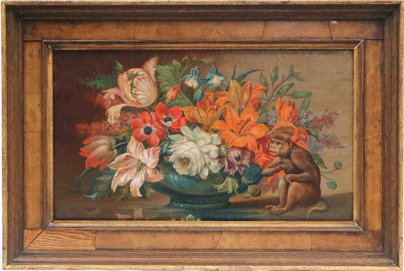 Flemish school still life painting rendered in oil paint on board. The painting features a grand floral arrangement against a muted background with a monkey sitting to the side. Wear appropriate to age and use. The painting remains in excellent
