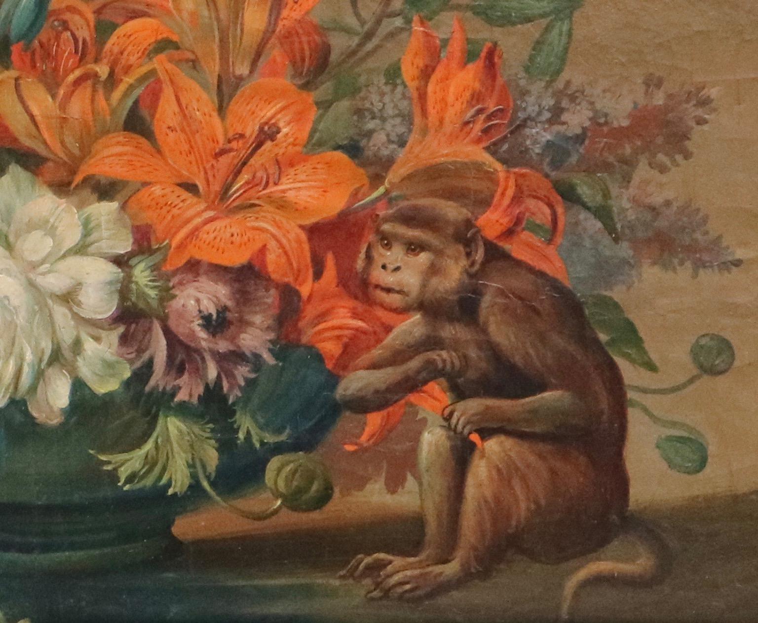 Dutch Flemish School Still Life Painting with Monkey