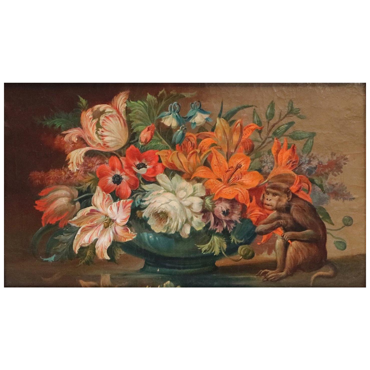 Flemish School Still Life Painting with Monkey