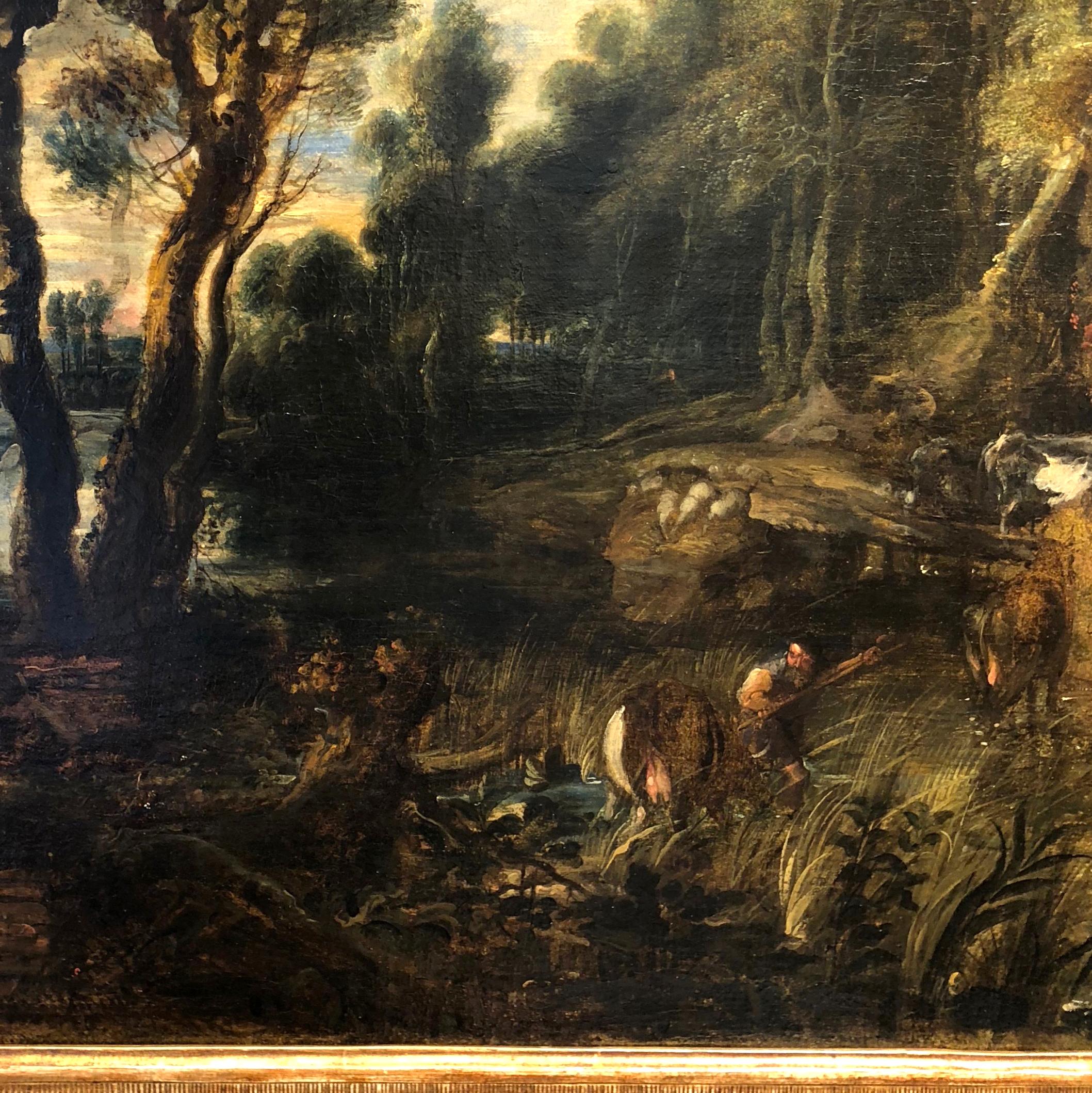 Flemish School, the Watering Hole, 17th Century Landscape and Figurative In Fair Condition In Lisbon, PT