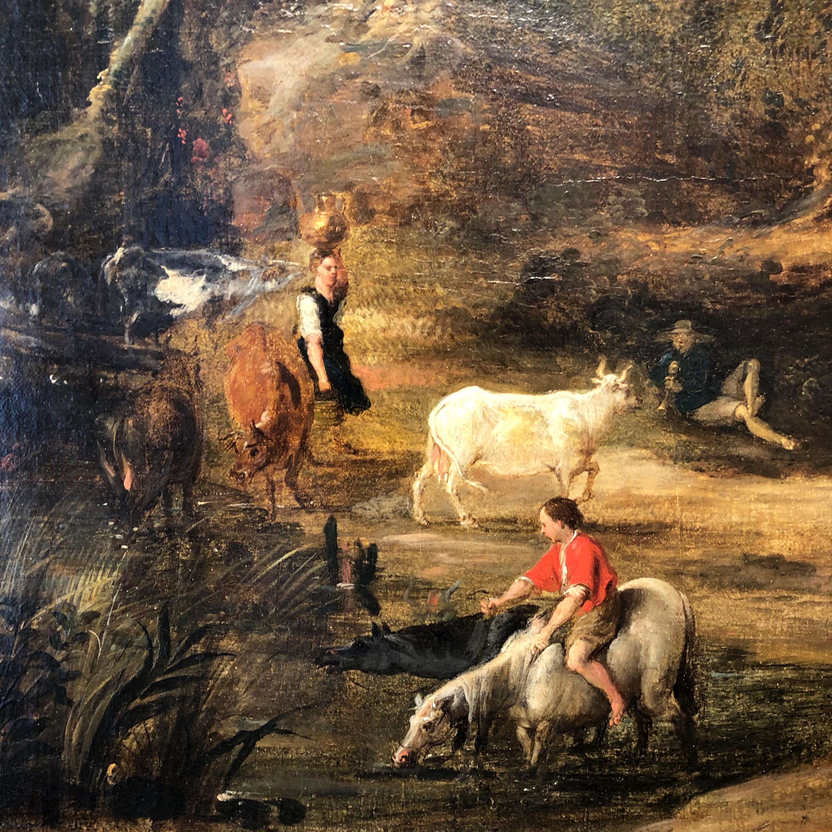 Flemish School, the Watering Hole, 17th Century Landscape and Figurative 1