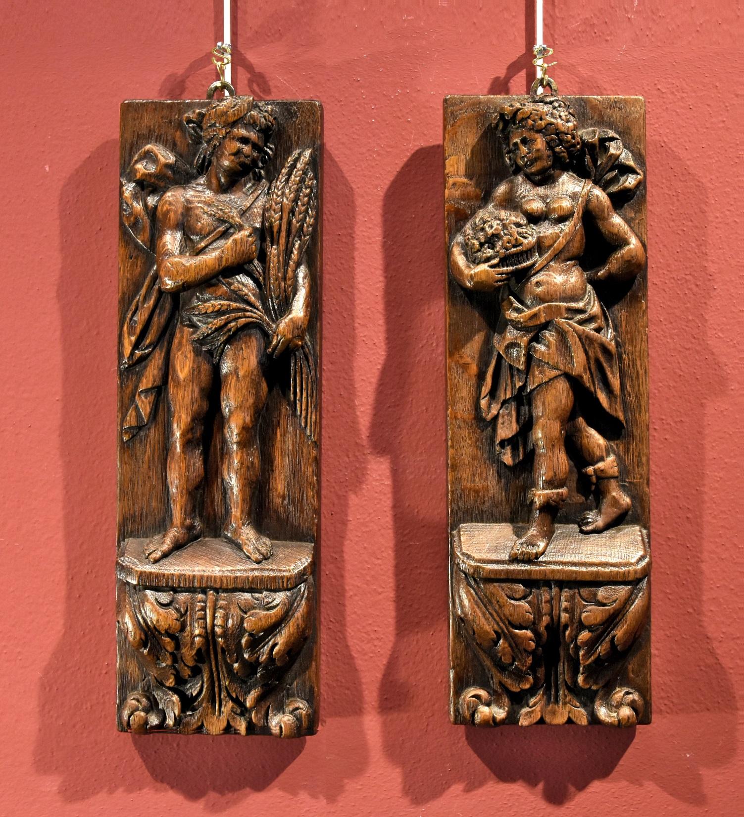 Paire de bas-reliefs Printemps Automne Sculpteur Flemish 17ème siècle Wood   - Sculpture de Flemish sculptor of the 17th century