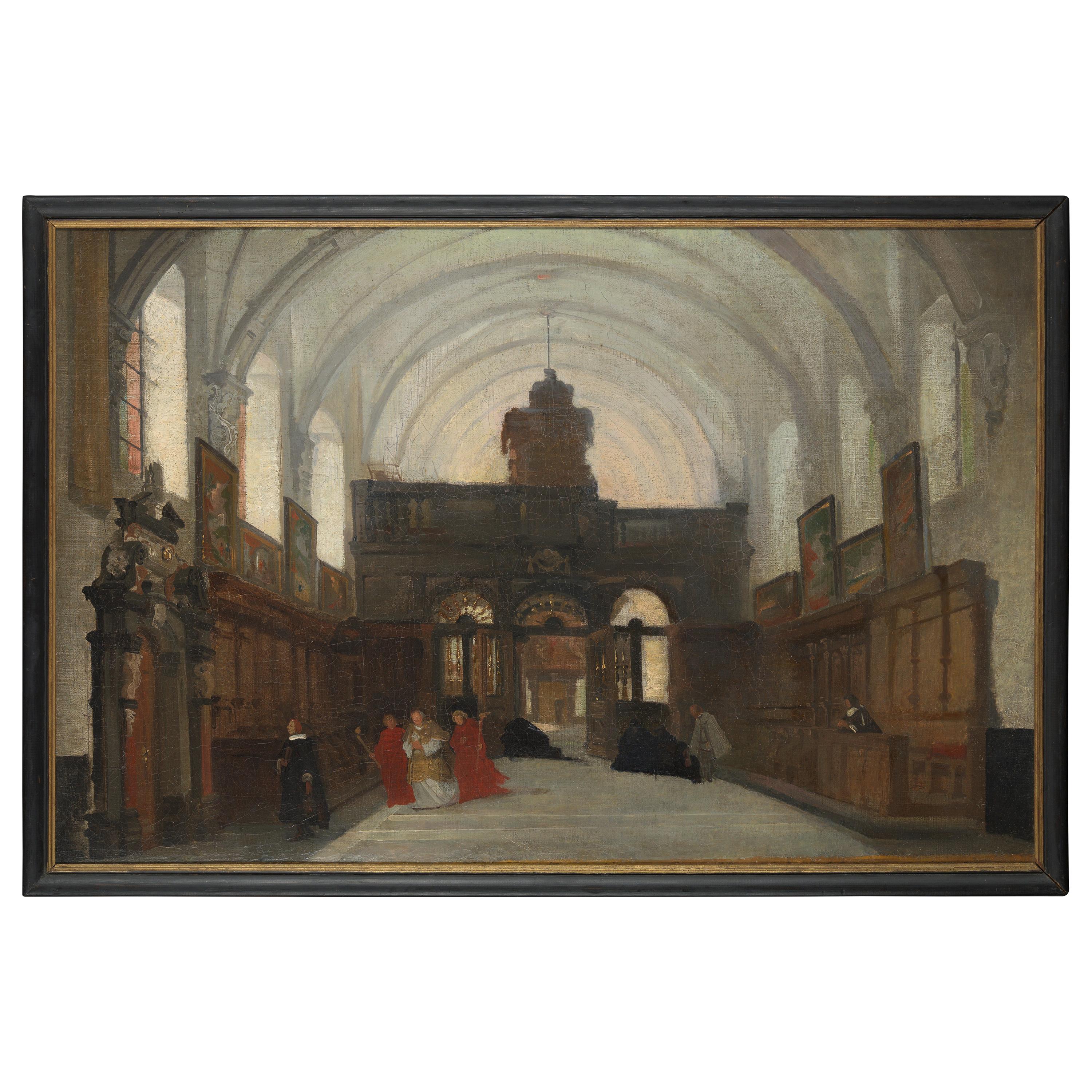 Flemish Shool, Interior of an Old Church Parrish, Oil on Canvas Framed
