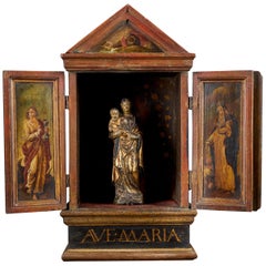 Flemish Small Terracotta Statue in Wooden Reliquary with Decorated Doors