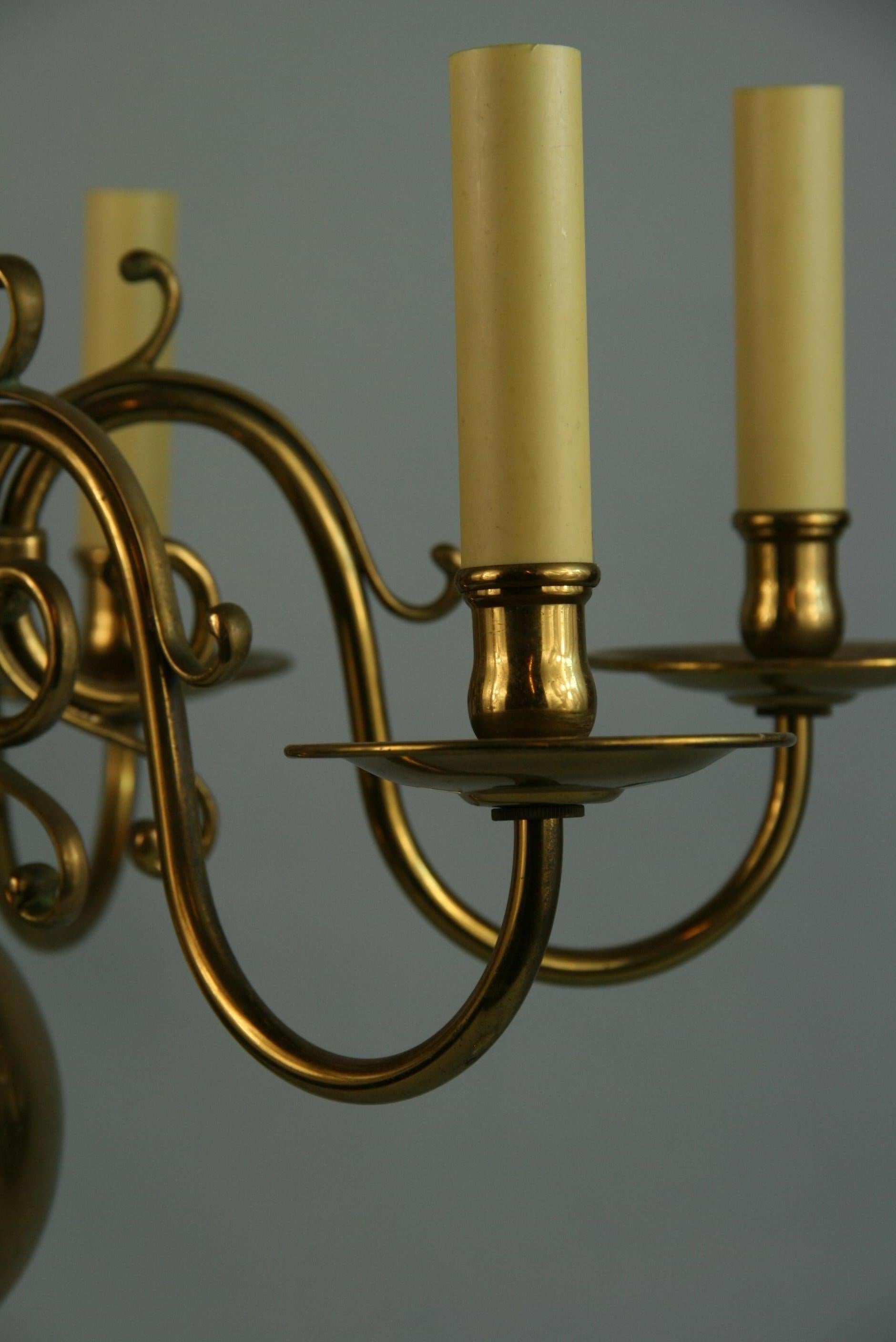 Early 20th Century Antique Flemish Solid Brass 6 Ornate Arm Chandelier 1920
