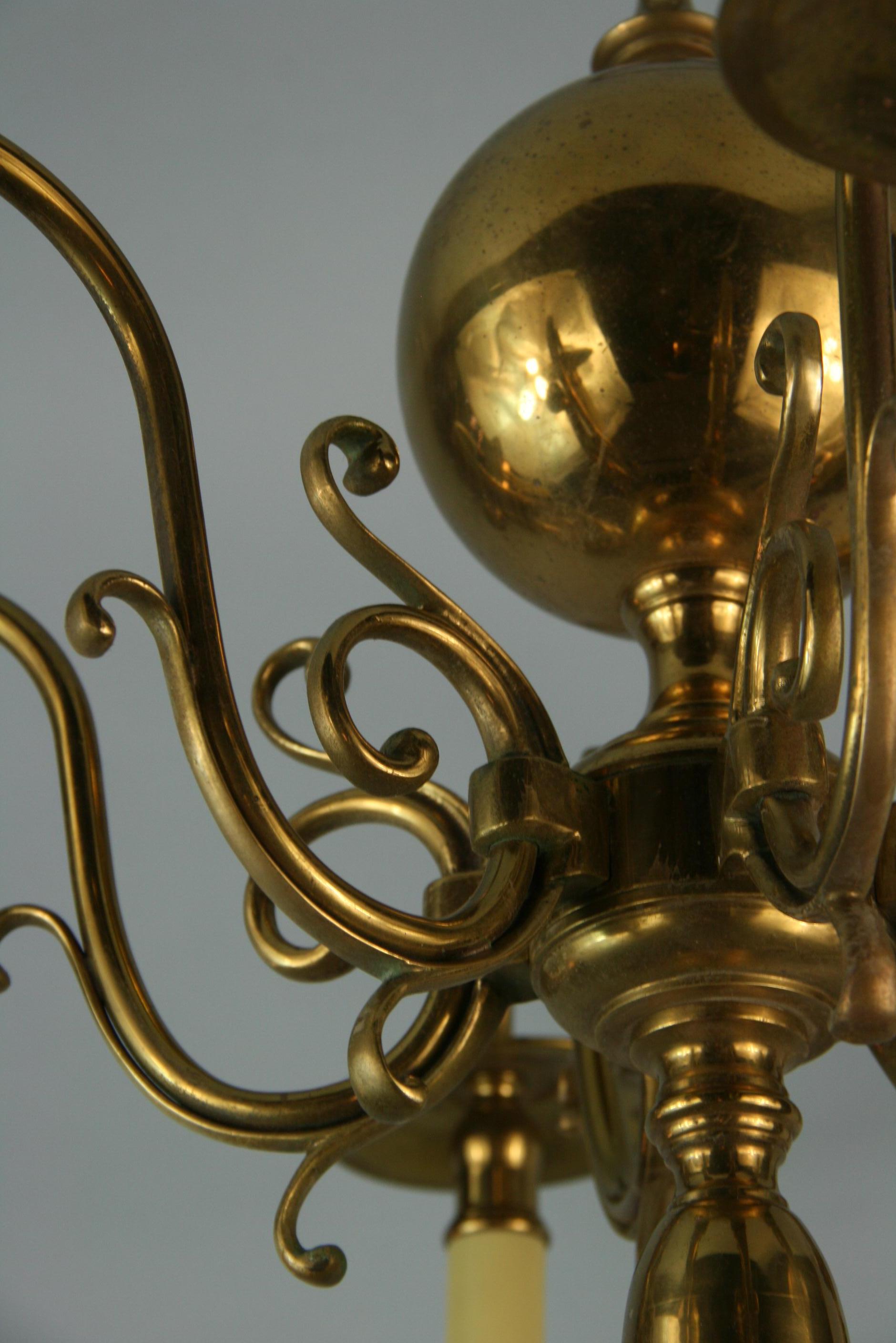 Antique Flemish Solid Brass 6 Ornate Arm Chandelier 1920 1