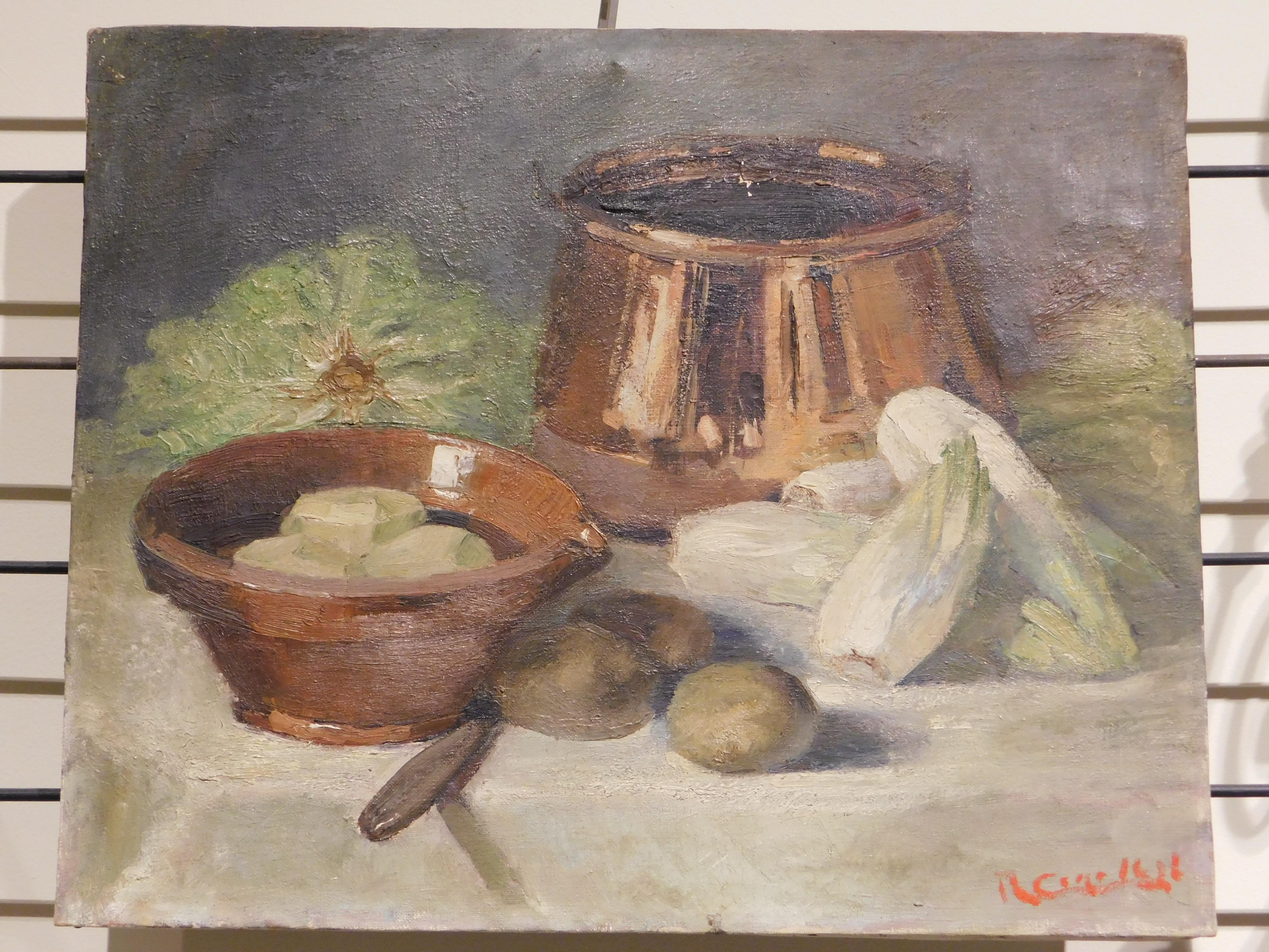 Still life oil painting on canvas signed lower right (illegible), circa 1940.
A charming kitchen scene of typical Flemish winter vegetables being prepared for a stew has been captured by the artist using the impasto technique to add depth and