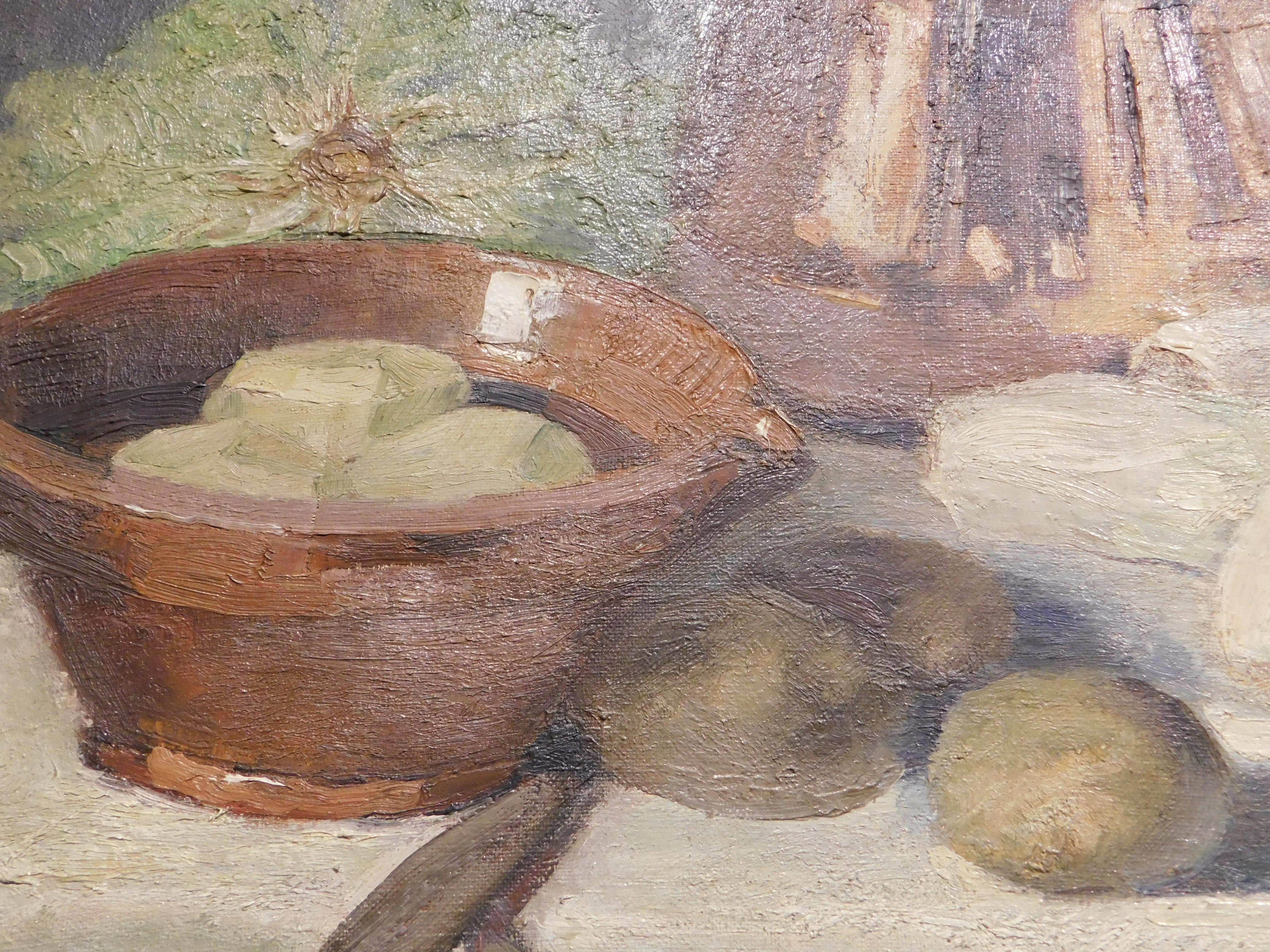 Belgian Flemish Still Life Painting with Vegetables and a Copper Pot For Sale