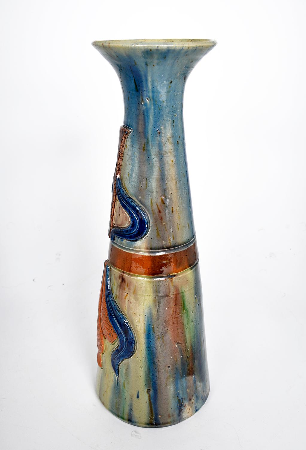 Belgian Flemish Studio Pottery Art Nouveau Drip Glazed Earthenware Vase 1900s Folk Art For Sale