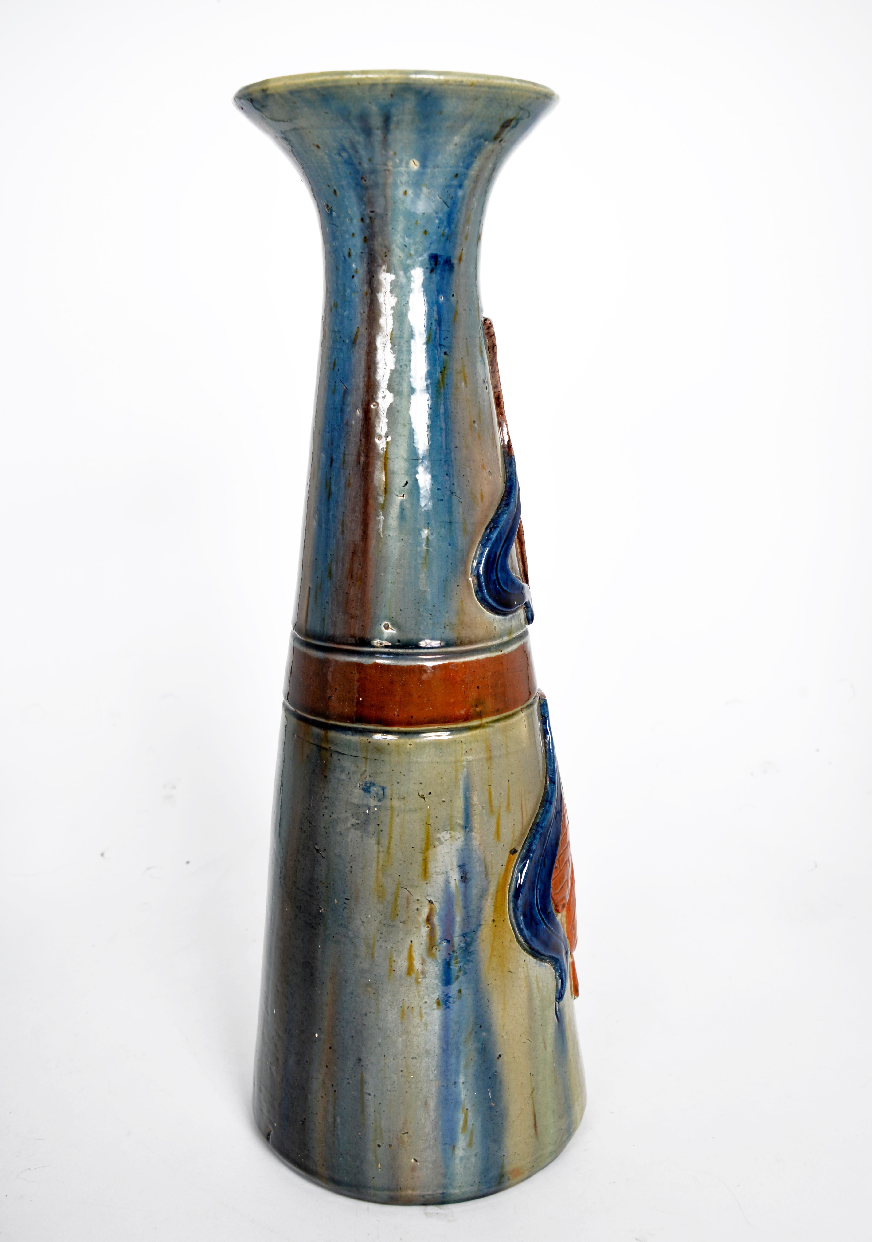 Early 20th Century Flemish Studio Pottery Art Nouveau Drip Glazed Earthenware Vase 1900s Folk Art For Sale